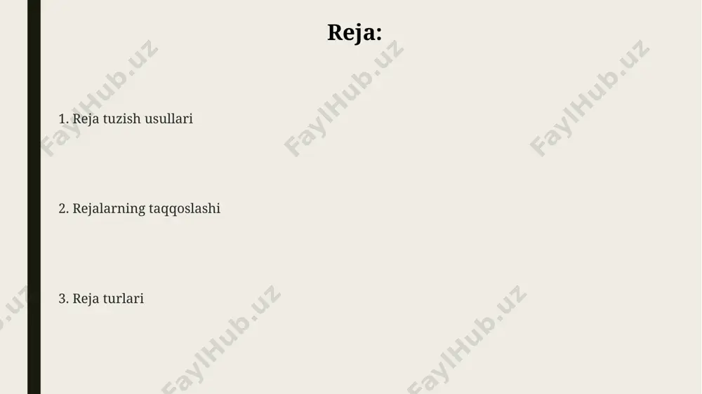 toshkentdagi arxivlar) tayangan holda, ma’ruzaning mantiqiy izchilligini ta’minlaydi va ishonchlilik darajasini oshiradi. taqqoslash uchun 3 ta turli xil reja tuzish usullarini (masalan, mavzu rejasini, xronologik rejasini va geografik rejasini) 5 ta asosiy nuqta bilan taqqoslash orqali ma’ruza mazmunini aniq va tushunarli tarzda namoyish etish imkoniyatini beradi. reja tuzish usullari va maslahatlar reja punktlarini mantiqiy ketma-ketlikda joylashtiring va har bir bo'lim uchun taxminiy so'z sonini (masalan, 100-150 so'z) belgilang. bu sizga vaqtni samarali boshqarishga yordam beradi. rejangizni 2-3 kishiga ko'rsatib, ularning fikrlarini tinglang. muhim nuqtalarni aniqlash uchun 4-5 ta savollar berib, rejangizni yanada boyiting, masalan, samarqand tarixi haqida. reja tuzishda 3 ta asosiy usuldan (xronologik, mavzu bo'yicha, geografik) foydalanib, 5-7 ta asosiy fikrni aniqlab oling va har bir fikr uchun 2-3 ta dalil keltiring, masalan, toshkentdagi 1-sonli maktab tajribasi. taqqoslash rejası taqdimot rejasini tuzishda aniqlik va qisqalik muhim ahamiyatga ega. masalan, 25 ta slaydli taqdimot uchun 1000 so'zdan ortiq ma'lumotni 10 …