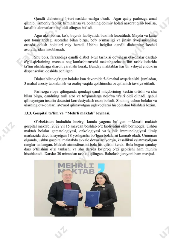 avolarga toʻxtab tabib: "bemorga sovuq mizojli suyuqliklar ichir, sovuqjomga sol, nordon ayron ichir, mevalar ber, yalpiz damlab ichir, yaʼni bemorni ho`lla, sovut", deydi. bu — kasallik odam badanida issiqlikning oshib ketishi tufayli paydo boʻlishini bildiradi. qand kasalligi tarixiy tibbiy manbalarga koʻra, nasliy boʻlishi ham mumkin. qandli diabetda qonda qand moddasi keskin koʻpayib, siydik bilan chiqib turadi (tarkibida qand moddasi boʻladi), tashnalik, ozib ketish, quvvatsizlik, badan qichishishi va boshqa alomatlar kuzatiladi. qandli diabet kasalligi yildan-yilga yasharib borayotgani dunyo ahlini jiddiy tashvishga solayabdi. hozir bu dardga chalinganlar orasida yosh bolalar, hatto, chaqaloqlar ham ko'p. bolalarda qandli diabetning asosan 1-turi uchramoqda. — organizmda insulin etishmovchiligi hisobiga bemorlarda tez-tez peshobga chiqish, suyuqlikni ko'p miqdorda ichish, holsizlik, ozib ketish kabi ilk belgilar kuzatiladi. qandli diabetning 1-turini davolash parhez saqlash, jismoniy harakatlar va insulinoterapiyadan iboratdir. qandli diabetning 1-turi nasldan-naslga o'tadi. agar qat'iy parhezga amal qilinib, jismoniy faollik ta'minlansa va bolaning doimiy holati nazorat qilib borilsa, kasallik …