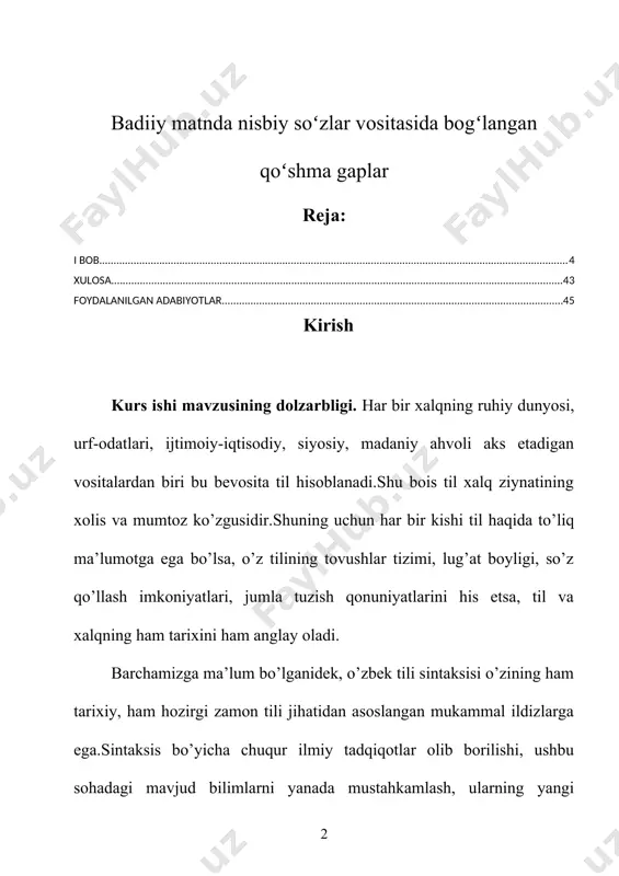 shunday turli fikr va qarashlar paydo bo’lishiga zamin yaratsa ajab emas. kurs ishining maqsad va vazifalari. ushbu kurs ishidan ko’zlangan asosiy maqsad badiiy matnlarda nisbiy so’zlar vositasida bog’langan qo’shma gaplarni o’rganishdan iboratdir. kurs ishining obyekti. turli mutanosib va qarama-qarshi fikrlar bayon etilgan ilmiy manbalar va badiiy asardagi matnlar. kurs ishining ilmiy-amaliy ahamiyati. bu kurs ishi darsda seminarlar tashkil etishda va filologiya sohasi bo’yicha qo’llanmalar tayyorlashda manbaa bo’lib xizmat qiladi. kurs ishining tuzilishi. kurs ishining umumiy tavsifi, asosiy qism, xulosa va foydalanilgan adabiyotlar ro’yxatidan tashkil topgan. i bob nisbiy so'zlar vositasida bog'langan ergash gapli qo'shma gaplar 1.1.ega va kesim ergash gapli qo'shma gaplar barchamizga ma’lum bo’lganidek, ergash gapni bosh gapga biriktiruvchi talay grammatik vositalar mavjud va ana shu grammatik vositalardan biri nisbiy so’zlar hisoblanadi. nisbiy so’zlar fe’lning shart mayli formasi orqali birikadigan ergashgan qo’shma gaplar tarkibida qo’llanadi va bir xil yoki turli xil kelishik qo’shimchalarini olib, bir- biriga moslashadi. masalan: nimani …