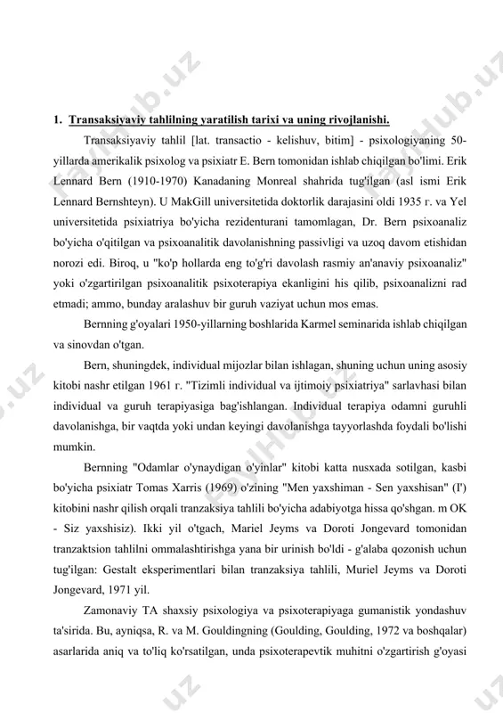 shiradi va hatto o'limga olib keladi; gospitalizm kabi holat birinchi marta rene spits tomonidan mehribonlik uylarida yashovchi bolalarda aniqlangan. yaqin jismoniy aloqaga bo'lgan ehtiyoj hayot davomida saqlanib qoladi, shuning uchun odam doimo boshqa odamlar bilan jismoniy yaqin bo'lishga intiladi. shu bilan birga, odamlar juda erta bir oddiy haqiqatni bilib olishadi: siz xohlagan hamma narsaga erisha olmaysiz, shuning uchun murosaga erishish va aloqaning boshqa shakllarini qabul qilish boshlanadi. taktil ochlik tan olish ochligiga, ya'ni boshqa odamlar tomonidan o'z mavjudligini oddiy tasdiqlash, "og'zaki teginish" ga aylanadi. bunday tan olish faktlari mehrning namoyon bo'lishi sifatida bolalarning jismoniy silashiga o'xshab "silash" deb ataladi. stroking ijtimoiy o'zaro ta'sirning asosiy birligini ifodalaydi; zarbalar almashinuvi bitimni tashkil qiladi. rag'batlantiruvchi ochlikning uchinchi shakli - bu tizimli ochlik - vaqtni qiziqarli va hayajonli tarzda tuzish istagi yoki afzalligi. strukturaviy ochlikning bir turi etakchilik ochligidir. rahbarlar odamlar o'z vaqtlarini to'ldirishlari va tuzilishi mumkin bo'lgan tadbirlar va dasturlarni tashkil qiladilar. transaksiyaviy …