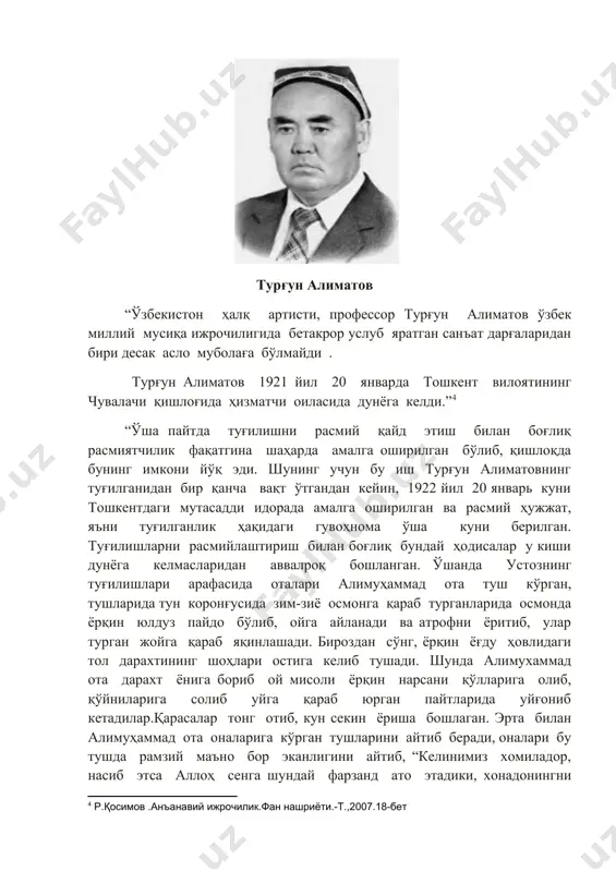 бетакрор услубига эга бўлиб, у киши ижросидаги мумтоз мусиқа намуналари ҳалқимиз қалбидан чуқур жой эгаллаган.”[footnoteref:8] [8: а.алиматов,с.акром. mериюс нашриёти. –т.,2017 8-бет] “бу ерда ансамбл раҳбари мамадазиз ниёзов унга ғижжакчи созанда бўлиб ишлашни таклиф этди. ансамбль биргина ғижжакда эмас, балки тамбур ва дуторда ҳам вақти-вақти билан куйлар ижро этишга тўғри келарди. чунки ишдаги ижодий жараён шуни талаб этарди. устозлар билан бўлган жонли мулоқот санъатнинг турли йўналишларидан баҳраманд бўлишда турғун алиматов фаолиятида муҳим ўрин эгаллади. турғун алиматов ижрочилик услубининг шаклланишида бир қатор устозларни санъати мухим омил десак ўринли бўлади. ризқи ражабий, жўрабе сайдалиев, қаюм шомуродов, асадқори лутфуллаев, ориф қосимов, маҳмуд юнусов каби устоз созандалар шулар жумласидандир. турғун алиматов ижрочилик фаолияти давомида мусиқий меросимизда мавжуд кўплаб асарларни ўз ижро услубида талқин этиб, уларга янгидан ҳаёт бағишлади.”[footnoteref:9] [9: р.қосимов .анъанавий ижрочилик.фан нашриёти.-т.,2007.18-бет] “шу билан бирга, турғун отанинг фаолияти бевосита “мақом ” ансамбли билан боғлиқ бўлди, чорак аср давомида ўзбекистон давлат консерваториясида дарс бердилар.ушбу ижодий …