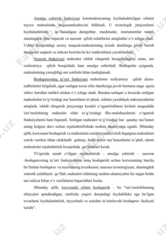 olda ma’suliyat bilan o’z vazifalarini bajarishlari lozim. shunday qilib, korxonada sifatni boshqarish – bu “iste’molchilarning ehtiyojini qondiradigan, etarlicha yuqori darajadagi foydalilikka ega bo’lgan tovarlarni loyihalashtirish, tayyorlash va sotishni ta’minlovchi boshqaruv faoliyati turidir”. n a z o r a t s a v o l l a r i. 1. mahsulot sifati deganda nimani tushunasiz? 1. sifat ko’rsatkichi tushunchasi? 1. konstruktsiya sifatiga ta’sir etuvchi omillar? 1. boshqaruv tsikli nima? 1. korxonada sifatni boshkarish o’z ichiga nimalarni oladi?