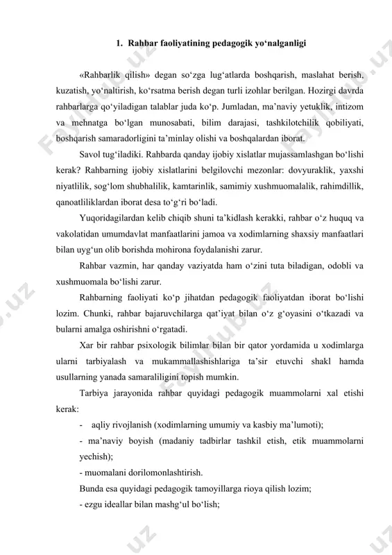 allar bilan mashg‘ul bо‘lish; - shaxsiy hislatlarni takomillashtirish. tarbiyaviy ta’sir usullari boshqaruv pedagogikasining asosi hisoblanadi. tarbiyaviy ta’sir rahbarning quyidagi omillarni bilishga bog‘liq: - xodim madaniyati va ma’lumot darajasi, uning ahloqiy kasbiy va hayot tajribasi qay darajada rivojlanganligi; - jismonan sog‘lomligi, ma’naviy barkamolligi; - individual, ijtimoiy-ruhiy sifatlari; - mehnat jamoasidagi ijtimoiy-ruhiy vaziyat; - ahloqiy-ma’muriy choraga xodimning munosabati. tabiiyki, tarbiyaviy ta’sir umumiy va qotib qolgan bо‘lmasligi lozim, chunki yuqorida qayd etilgan omillar har bir muayyan shaxs uchun farqlidir. shuning uchun tarbiyaviy ta’sir har bir shaxsning о‘ziga qaratilgan bо‘lishi kerak, bu rahbar tarbiyaning turli-tuman usullaridan xabardor bо‘lishini taqozo etadi. rahbarning tarbiyaviy ta’sir usullaridan oqilona foydalanishi, ya’ni pedagogik savodli bо‘lishi xodimda hulqiy farosat va kо‘nikmalarni shakllantirishni ta’minlaydi. rahbar tarbiyaviy ta’sirni amalga oshirishining quyidash, ta’bir joiz bо‘lsa, «texnologik tamoyillari» mavjud: - ruhiy о‘ziga xoslik, ya’ni shaxsga tarbiyaviy ta’sir о‘tkazishdan oldin uning individual, ijtimoiy-ruhiy sifatlarini anglash lozim; - manaviy motivlar - о‘ziga bо‘ysunuvchilar oldida yuqori darajadagi …