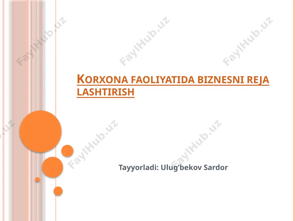 i daromad qachon olinadi? », «investorlar va kreditorlar bilan qachon hisob-kitob qilish mumkin?», «yuzaga kelishi mumkin bo’lgan xavf-xatarni qanday kamaytirish mumkin?», «raqobatchilar bilan kurashda qanday choralardan foydalanish mumkin?» kabi savollarga javob olinadi. biznes-rejani tuzishda quyidagi shartlarga alohida e’tibor qaratish zarur: - biznes-reja professional va shu bilan bir paytda sodda, bajarish uchun tushunarli va oson bo’lishi lozim; - biznes-reja investor yoki boshqa manfaatdor shaxs o’ziga kerakli ma’lumotlarni qidirib topishi uchun bo’limlarga (boblarga) bo’linishi lozim; - biznes-rejani tayyorlashda korxonaning bosh rahbari albatta qatnashishi shart, chunki investor, bank yoki boshqa moliya idorasi korxona rahbari qatnashmaganligi yoki boshqa shaxsga topshirilganligi haqida xabar topsa, biznes-rejaning ishonchliligiga shubha uyg’onishi mumkin; - biznes-rejaning obyektiv baholanishiga erishish kerak, ya’ni unda xatolar va noto’g’ri hisob-kitoblar bo’lmasligi lozim; - biznes-rejaning tarqatib yuborilmasligini nazorat qilish zarur, chunki unda biznes to’g’risidagi maxfiy ma’lumotlar joy olgan bo’ladi. rejalarning har bir turi kabi, biznes-reja ham, bo’lim va ko’rsatkich-lardan iborat bo’ladi. o’ntagacha bo’limni o’z ichiga …