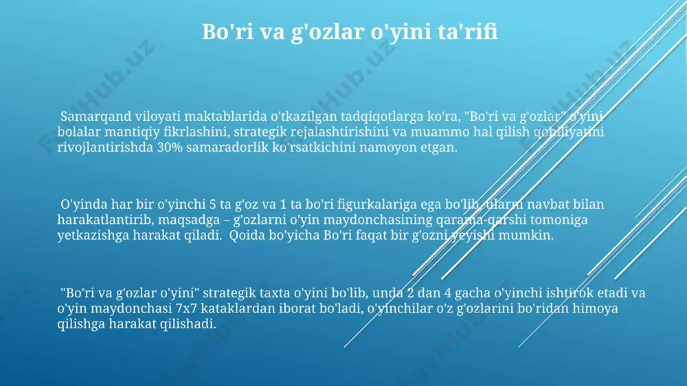 ri o'yinning 20 ta turli natijalarini keltirib chiqarishi mumkin. o'yin natijalarini tahlil qilib, bo'ri uchun 15 ta, qazlar uchun esa 5 ta g'alaba holati aniqlangan. bu esa o'yinning bo'riga nisbatan ancha murakkabligini va qazlar uchun muvaffaqiyat ehtimolining pastligini ko'rsatadi. samarqanddagi tadqiqotlar shuni tasdiqladi. o'yinning matematik modeliga asoslangan holda, qazlarning g'alaba qozonish ehtimoli bo'ri harakatlarining xatoligiga va qazlarning 7 ta asosiy harakat strategiyasini to'g'ri qo'llashga bog'liq. o'yin maydonining kattaligi ham muhim ahamiyatga ega. o'yin qoidalari va mexanikasi “bo’ri va g’ozlar” o’yinida 5 ta g’oz va 1 ta bo’ri figurkalari ishlatilib, o’yin maydoni 7 ta hujayradan iborat bo’ladi, ularning har biri o’z joylashuviga ega. o’yin davomida g’ozlar bo’ridan qochib, daryo (o’yin maydonining chekkasi) ga yetib borishga harakat qiladilar, bo’ri esa ularni ushlashga harakat qiladi. har bir harakat 1-2 hujayra masofani o’z ichiga oladi. g’ozlar bir vaqtning o’zida bir nechta hujayraga harakatlanishlari mumkin emas, lekin bo’ri bir harakatda 1 ta g’ozni ushlashi mumkin, …