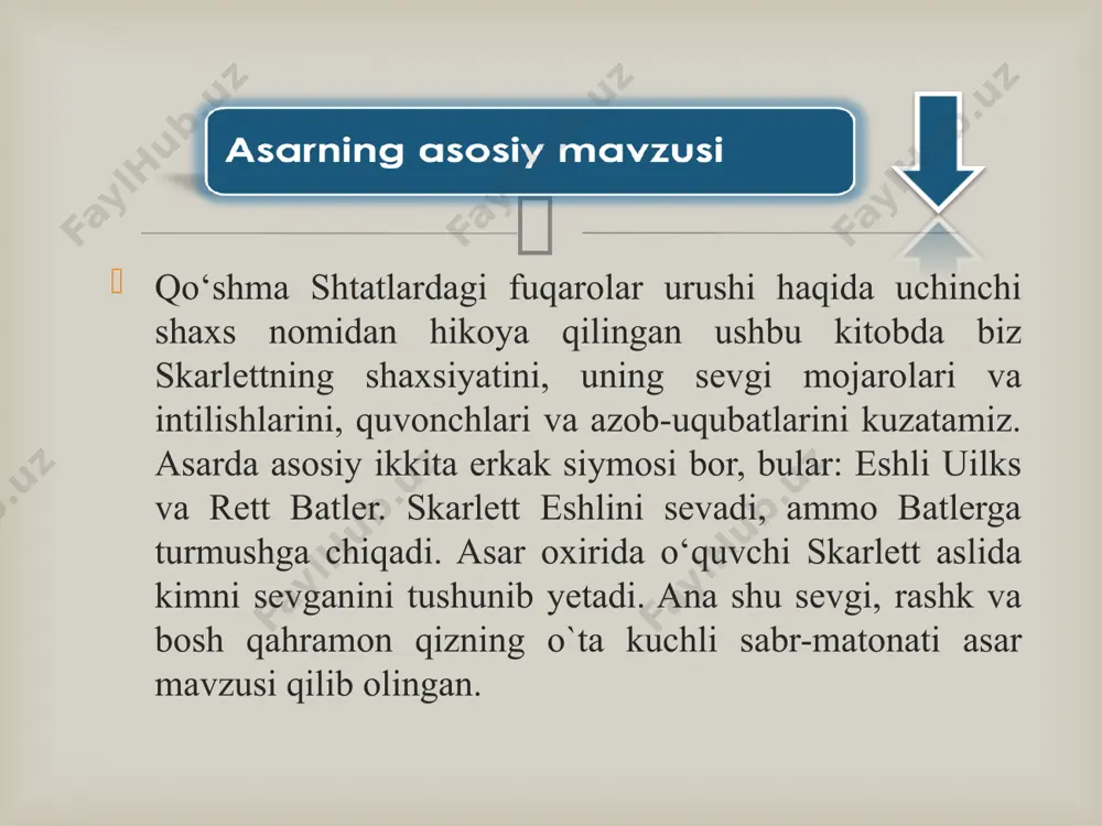 gan muhabbati va unga erishishidagi asl muhabbatini qurbon qilishi tasvirlangan. hamda urush oqibatlari va uning talofatlaridan aziyat chekkan qahramonlarning hayotga bo`lgan tushunchasining o`zgarishi ko`rsatilgan. syujet unsurlari  asardagi tugun va yechim ??? shamollarda qolgan hislarim asarida tugun deb eshlining skarlettga bo’lgan his tuyg’usi va skarlettning esa kapitan rettga bo’lgan munosabati tugun bo’lib qolgan. chunki eshli unga orzusidagi qiz va uning qanchalik go’zal ekanligini aytsa ham, va`dasi tufayli boshqa qizga uylanib ketishi va bu va`da nima uchun berilganligi tugun. afsuski bu tugunga asarda yechim topilmagan …  asarda qistirma epizod qilib skarlett va rettning qizi bo`nni tasvirlangan. ya`ni, ular asar o`rtalarida qizli bo`lishadi va falokat tufayli undan ayrilishadi. shundan so`ng esa qizaloq tufayligina saqlab kelinayotgan rishtalar uziladi. qistirma epizod  asarning lingvistik tahlili  toponimlar qurolli kuchlar majmuasi.. taxta tiladigan zavod djonsboro tara shimol kasb hunarga oid so’zlar : konfederatorlar qullar ku-kluks- klan yankinlar qullar asardagi milliy kolorit: iso payg’ambarning tug’ulgan …