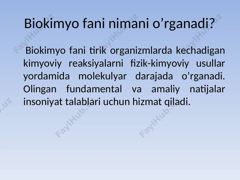 nishi bilan shug‘ullanadi. biokimyoning bu sohasi statik biokimyoni, modda va energiyaning organizmdagi o‘zgarishlari esa dinamik biokimyoni tashkil qiladi. biokimyo oqsillar, nuklein kislotalar, uglevodlar, yog‘lar, vitaminlar va anorganik birikmalarning kimyoviy tuzilishlari, xossalari, ularni organizmning turli qismlarida, jumladan, xujayra va uning elementlarida tarqalishi, joylanishi bilan shug‘ullanadi. biokimyoning bu sohasi statik biokimyoni, modda va energiyaning organizmdagi o‘zgarishlari esa dinamik biokimyoni tashkil qiladi. biokimyoning boshlang‘ich tarixi organik kimyoning paydo bo‘lishi va kimyogarlarning o‘simlik hamda hayvonlardan turli moddalarni ajratib olishdagi muvaffaqiyatlari bilan uzviy bog‘liq. organik kimyoni erishgan yutuqlari, xususan, shevrel tomonidan yog‘lar tuzilishining o‘rganilishi, rus olimi а.butlerov va nemis olimi e. fisherning nukleoproteidlar hamda oqsillar ustidagi ishlari oziq moddalar va hujayralarning tarkibiy qismlarini aniqlashga imkon berdi. frantsuz olimi l. paster achish jarayonining tabiatini, i. pavlov hayvonlar oziqlanishining fiziologiyasini, k. timiryazev o‘simliklardagi foto-sintez jarayonining o‘rganishi fikrimizning dalilidir. byuxner achish bilan bog‘liq hodisalarni tekshirib, hayotiy jarayonlarning haqiqiy tezlatuvchilari, hujayra katalizatorlari bo‘lgan fermentlar to‘g‘risida hozirgi zamon kontseptsiyasini yaratdi. …