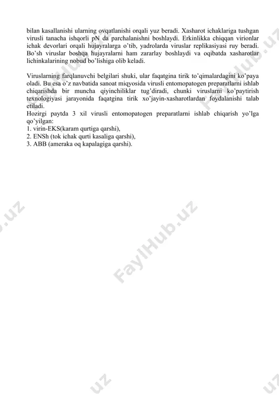 rib chiqaradi. entomopatogen bakteriyalar va viruslarga qiyoslaganda entomopatogen zamburugʻlar qator oʻziga xos xususiyatlarga ega: – ta’sir etish ovqat hazm qilish trakti orqali emas, balki bevosita kutikula orqali boʻladi; – ta’sir etish hashoratning qurt va imago davrlarida ham boʻlib oʻtadi; – zamburugʻlar juda tez oʻsish va reproduksiyalanish qobiliyatiga ega, shu bilan birga ular uzoq muddat tabiiy muhitda oʻzlarining entomopatogen faolligini yoʻqotmay saqlashi mumkin; – ba’zi hashoratlarga nisbatan maxsus ta’sir kuchiga ega, bunda virulentlik qoʻllaniladigan zamburugʻning shtammiga bogʻliq boʻladi. zamburugʻ preparatining hashoratga ta’siri sporaning uning tanasini teri qatlamiga oʻtishi barobarli boshlanadi. bu xil zamburugʻning oʻtishi, uning segmentlari orasida jadal ravishda yuz beradi. hashorat tanasiga kirgandan keyin zamburugʻ sporasi oʻsib gifga aylanadi, ular oʻz navbatida entomopatogen zamburugʻlarning infeksion birligini tashkil qilgan gifal tanachalar-konidiylarga ajraladi. qulay sharoitlarda konidiylarning hosil boʻlishi hashoratning kutikulasini yuzasida yuz beradi. kutikulada hosil boʻlgan konidiyalar oʻzlarining apressoriyalari (oʻsuvchi naylari uchidagi boʻrtmalari) bilan kutikulaga yopishib olib hashorat tanasiga mitsellyar oʻsimtalarini kiritadi. …