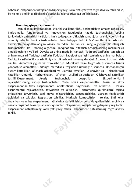 r, sonli qayta o‘zgartkichlar, tenzodatchiklar, ishchi holatdagi mashinalarning ishlab chiqarishdagi namunalari va maketlaridan foydalanish, o‘lchov aniqliklari, tajribada olingan natijalarga ishlov berish bo‘yicha yetarlicha ko‘nikmalarini rivojlantirish. kursning vazifasi — ilmiy-texnik ijodiyotning uslublari va nazariy elementlari, nazariy va empirik tadqiqotlar va ularning uslublari, ilmiy-tadqiqot ishlar yo‘nalishini tanlash va uning etaplari, nazariy tadqiqotlar vazifasi va usullari, qishloq xo‘jalik texnikalarini tadqiq qilishning vazifalari va o‘ziga xos xususiyatlari, eksperimentlarni rejalashtirish, to‘liq faktorli eksperimentlar rejasini tuzish, eksperimentni ixchamlashtirish, ilmiy tadqiqot natijasida ishlab chiqilgan qishloq xo‘jaligi mashina va qurilmalarning yillik iqtisodiy samaradorligini aniqlash usullari, birinchi va ikkinchi tartibli rejalarni tuzish, jarayonning optimallashtirilgan doirasida eksperimentlar o‘tkazish, ehtimollar nazariyasini ishlab chiqish va uning eksperiment natijalariga statistik ishlov berishda qo‘llashni, tanlanmaning statistik tavsiflarini hisoblashni, gipotezalarni statistik tekshirishni, eng kichik ahamiyatli farqni aniqlashni, eksperiment natijalari bo‘yicha tanlanma o‘rtacha qiymatlari farqining ahamiyatliligini baholash, eksperiment natijalarini dispersiyaviy, korrelyatsiyaviy va regressiyaviy tahlil qilish, bir va ko‘p omillik tajribalarni o‘tkazish ko‘nikmalariga ega bo‘lishi kerak. kursning …
