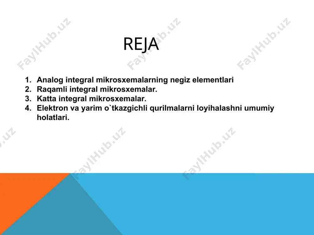 i. 10.2-rasm. sodda btg sxemasi 1-raqamli integral mikrosxemalar. integral mikrosxema (ims) – bu o`zaro bog`langan bir necha tranzistorlar, diodlar, kondensatorlar. rezistorlar yig`indisi hisoblanadi va u yagona texnologik siklda tayyorlanib (yani bir paytda), elektr signallarini o`zgartirishda ma`lum funksiyalarni bajaradi. ims tarkibiga kirgan komponentlar undan mustaqil ajratib olinishi va mustaqil buyum sifatida ishlatilishi mumkin emas. ular integral elementlar deb ataladi. ulardan farqli o`laroq ularga konstruktiv moslashtirilgan detal va qurilmalar diskret komponentlar deb ataladi. ular asosida tuzilgan bloklar esa diskret sxemalar deb ataladi. yuqori puhtalik va sifat, ihchamlik, engillik, arzonlik integral mikrosxemalarini halq ho`jaligini barcha sohalarida keng qo`llanilishga sabab bo`lmoqda. zamonaviy mikroelektrotexnika asosini yarimo`tkazgichli integral mikrosxemnalar tashkil etmoqda. zamonaviy yarimo`tkazgichli ims kristtallarini o`lchamlari 1,5x1,5 dan 6x6 mm gacha. kristall maydoni qancha katta bo`lsa unga shuncha ko`p elementli integral mikrosxemani joylashtirish mumkin bo`ladi. integral mikrosxemalarida tranzistorlarni ma`lum ulanishlar asosida rezistor va kondensator hosil qilish mumkin. yarimo`tkazgichli ims larni hususiyati shundan iboratki ularni elementlari orasida …