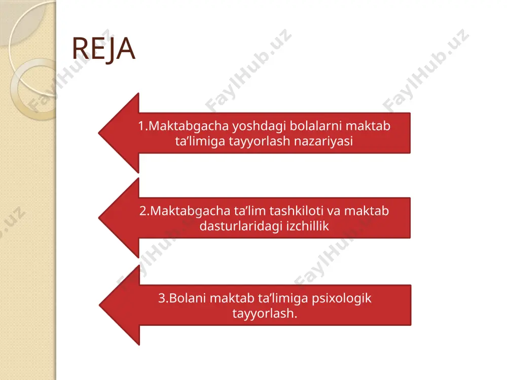 cha ta’lim tashkiloti va maktab dasturlaridagi izchillik. maktabgacha yoshdagi bolalarda maktab taʼlimiga tayyorlash hamda unda savodxonligini rivojlantirish quyidagi talablarga boʻysunadi. - bolani rivojlantirishga qaratilgan qulay, doʻstona, xavfsiz muhitni yaratish. bolalar jamoasida doʻstona munosabatni qadrlash. bolaga yoʻnaltirilgan taʼlimga yondashuv asosida taʼlim -tarbiya berish, uzoq davom etadigan mashgʻulotlar bilan emas, balki bolada qiziqishni uygʻotadigan, uni hayratlantiradigan oʻyinlardan iborat taʼlimiy jarayonlarni tashkil etish. oʻyindan asosiy taʼlimiy faoliyat sifatida foydalanish. didaktik vositalarni keng qoʻllash. - bolaning yosh xususiyatlarini hisobga olgan holda, ularning xotirasi, diqqati, nutqi, tafakkurini inobatga olish. bolada oʻqishga nisbatan xohish, istak, qiziqish uygʻotish. kattalar tomonidan bolaga bosim oʻtkazish, uning erishgan natijalaridan qoniqmaganlikni bildirish man etiladi. - olib boriladigan taʼlim va tarbiyaviy jarayonlar ketma-ketlikda, oddiydan murakkablashib borishi zarur. - tizimli ravishda bolada kichik yosh davridan boshlab soʻzlarni toʻgʻri talaffuzini rivojlantirish. tarbiyachi oʻz nutqiga nisbatan talabchan boʻlishi. - bolalarda oʻz nutqida toʻgʻri talaffuz, qulay grammatik shakllar va xilma-xil gap konstruksiyalaridan va yozishning dastlabki malakalari …