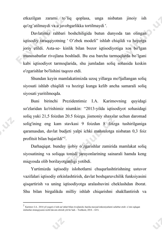 qt hukumat tomonidan ko‘rsatilgan xizmatdan muayyan foyda (naf) ko‘rilishi bilan bog‘liqdir. davlatga to‘lanadigan soliqlar bilan uning evaziga olinadigan iqtisodiy va ijtimoiy ne’matlar o‘rtasida bevosita, har bir kishining ko‘zi ilg‘aydigan bog‘liqlikning yo‘qligi soliq to‘lovchilar soliqqa tortishni yuk sifatida baholashlari uchun caba6 bo‘ladi, vaholanki, ular soliqlar hisobidan qilinadigan davlat xarajatlarining yo‘nalishini ma’qo‘llashlari ham mumkin. alohida olingan soliq to‘lovchi odatda jamiyat va o‘zining ko‘rgan foydasi yoki manfaatini to‘lagan soliqlari bilan solishtirib o‘tirmaydi. bu shunga olib keladiki, oqibatda fuqarolarning bir qismi soliqlar to‘lashdan bo‘yin tovlashga, o‘z daromadlarini yashirishga urinadi. davlat o‘z fuqarolaridan yig‘ib olgan soliqlarni samarali va oshkora tarzda ishlatsa hamda fuqarolarning aksariyat qismi davlatning iqtisodiy, ijtimoiy va boshqa dasturlarini o‘z mablag‘lari hisobidan pul bilan ta’minlashga rozi bo‘lgandagina yuksak soliq ahloqi tamoyillari tantana qiladi. 2. soliqlar majburiy to‘lovlar hisoblanadi. soliqlarning to‘la va o‘z vaqtida to‘lanishi uchun javobgarlik soliq to‘lovchilar zimmasiga yuklangan bo‘lsa-da, ular ixtiyoriy emas, majburiy ravishda to‘laydilar, davlat soliq to‘lashdan bo‘yin tovlaganlarni qattiq …