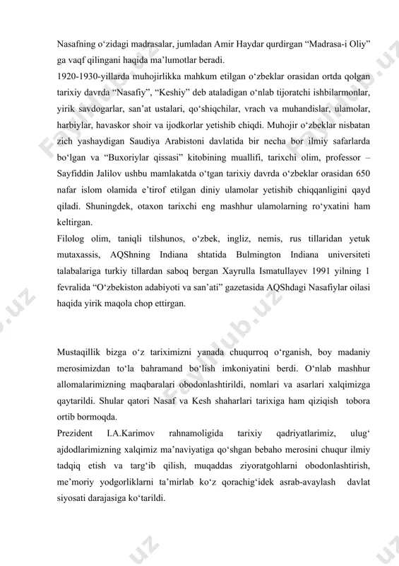 qur ilmiy tadqiq etish va targ‘ib qilish, muqaddas ziyoratgohlarni obodonlashtirish, me’moriy yodgorliklarni ta’mirlab ko‘z qorachig‘idek asrab-avaylash davlat siyosati darajasiga ko‘tarildi. qashqadaryo viloyatida jami 894 madaniy obidalar ro‘yxatga olingan bo‘lib, 216 tasi respublika, 678 tasi esa mahalliy ahamiyatga molik yodgorliklar hisoblanadi. vohadagi 400 dan ziyod arxeologik yodgorliklardan 100 tasi antik davrga, 120 dan ziyodi qadimgi va o‘rta asrlarga oiddir. qarshi shahri atrofidagi 123 yodgorlik miloddan oldingi va milodning boshlariga taaluqlidir. o‘zbekiston respublikasi vazirlar mahkamasining 2004 yil 29 sentabridagi «qarshi shahrining 2700 yilligini nishonlashga tayyorgarlik ko‘rish to‘g‘risida» gi qaroriga asosan, qarshi shahrining tarixiy markazini obodonlashtirish va tarixiy obidalardan qashqadaryo ko‘prigi, abdulaziz, qilichbek, bektemir madrasalari, qarshi qal’asi devori, o‘zbek hammomi,charmgar, xo‘ja ubayd jarroh, hamda ko‘kgumbaz masjidlarini qayta ta’mirlash ishlari amalga oshirildi. ushbu yodgorliklar uzoq o‘tmishga ega bo‘lib mahmud ibn valini yozishicha «naxshab-movarounnahr shaharlaridan biri; o‘tmishda uni nasaf ham deb atashgan. abdullaxon shayboniy davrida uni me’moriy qurilishlari jahon miqyosidagi katta shaharlar bilan bellashish darajasiga …