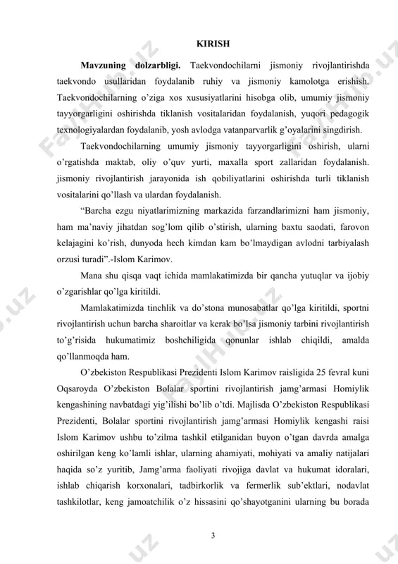 ivojlanmoqda. bir qancha yutuqlarga erishdilar. masalan: taekvon-do (vtf) bo’yicha 166 ta milliy terma jamoalar ichida o’zbekiston terma jamoasi 10 ta kuchlilar komandasiga kiradi. 2014 yil o’smirlar o’rtasida jahon chempionatida bronza medal va o’smirlar o’rtasidagi olimpiada yo’llanmaga sazovor bo’lishdi. bu esa barcha mutaxassislarni yurtimizga bo’lgan qiziqishni va tashriflarni oshirdi. bu kabi yutuqlarimiz juda ko’p, hozirgi kunga kelib mavjud barcha taekvondo federatsiyalari mavjud va bular jahon federatsiyalariga a’zo. taekvondo sport turi avvalo insonni kamolotga yetkazuvchi, shaxsni tarbiyalovchi. atrof-muhitga e’tiborli ma’naviy va madaniy yetuk insonlar tayyorlaydi. taekvondo sport turi eng avvalo jang san’ati. sport salomatlashtirish, davolash, gimnastika, psixotrening, falsafa, dovyuraklilik, vatanparvarlik kabi tushunchalar tushuniladi. qizig’i shundaki bu jang san’at turlarining ayrim mashqlarini ta’lim tarbiyada va ishlab chiqarish gimnastikasi vazifasida ham qo’llash mumkin. taekvondo sport turida mavjud bo’lgan jismoniy tayyorgarlik, ruhiy tayyorgarlik, inson ongini rivojlantiruvchi tizim boshqa sport turlarida bunchalar yuqori darajada emas . shu sababli ham har bir o’z salomatligi haqida qayg’urayotgan yoki …