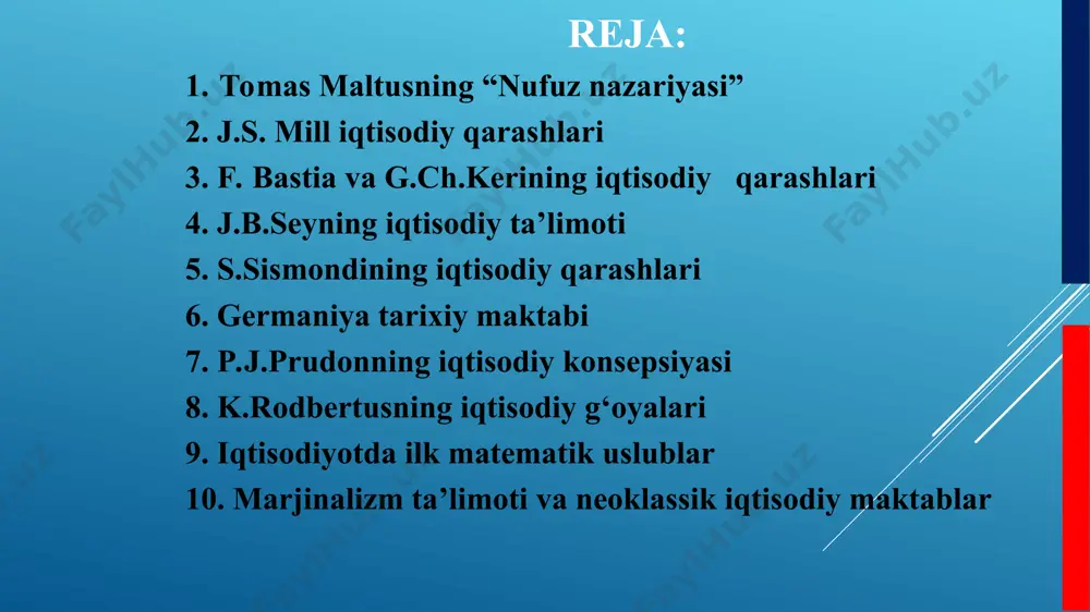 tuproqning tabiiy unumdorligiga ham bog‘liq bo‘ladi. u berishi mumkin bo‘lgan narsadan ortiqchasini undan olib bo‘lmaydi. hisoblab chiqqach, t.maltus xulosa qiladi: insoniyat qancha harakat qilmasin, qishloq xo‘jaligidan u oladigan oziq-ovqat mahsulotlari miqdori faqat arifmetik progressiyada o‘sadi. (eslatib o‘tamiz, arifmetik progressiyada o‘sish 1,2,3,4,5 ... ko‘rinishda, ya’ni har bir keyingi son oldingisidan bir xil absolut miqdorga oshib boradi), aholining soni esa, geometrik progressiyada o‘sadi va 25 yilda ikki barobar ko‘payadi (eslatib o‘tamiz, geometrik progressiyada o‘sish 1,2,4,8,16 ... ko‘rinishda, ya’ni har bir keyingi son oldingisidan 2 barobar ko‘p bo‘ladi). agar yer aholisi asr boshida 1 mlrd. bo‘lsa, asr oxiriga kelib u 8 mlrd. tashkil etadi, yashash vositalari esa, to‘rtdan birga ko‘payadi. nufus nazariyasining mohiyati quyidagilardan iborat: t.maltus aholi o‘zi uchun zarur bo‘lgan yashash vositalaridan ko‘ra tez ko‘payib boradi deb hisoblaydi; t.maltus aholi soni har 25 yilda ikki barobar ko‘payadi va geometrik progressiyada o‘sadi (1,2,4,8,16,64,128,256), uning (aholining) yashash vositalari esa, arifmetik progressiyada o‘sadi (1,2,3,4,5,6,7,8) deb …