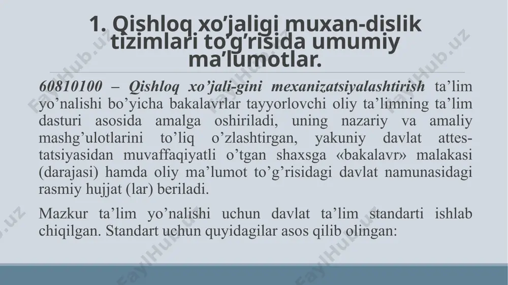 shlari bo’yicha bakalavrlar kasbiy faoliyatlarining ob’ektlari – qishloq xo’jaligi ishlab chiqarishida mexanizatsiyalashtirilgan texnologik jarayonlari va qishloq xo’jaligi texnikalari va dastlabki ishlov berish qurilmalari, ularni ta’mirlash va sozlash usullari, vositalari, ulardan foydalanish va texnikaviy servis ko’rsatishning samarali jarayonlarida. qishloq xo’jaligini mexa-nizatsiyalashtirish ta’lim yo’nalishlari bo’yicha bakalavrlarning kasbiy faoliyati quyidagilarni qamrab oladi: - qishloq xo’jalik texnika-laridan mexanizatsiyalash jara-yonlarida foydalanish metod-larini o’rganish; - traktor, avtomobil hamda qishloq xo’jalik foydalanish jarayonlarini o’zlashtirish; - qishloq xo’jalik ishlab chiqarish jarayonlarini va texnologiyalarini mexanizatsiyalashtirishni tahlil qilish, sintezlash va optimallashtirish, mahsulot sifatini ta’minlash va sertifikatsiyalash metodlarini qo’llash; - qishloq xo’jaligini mexanizatsiyalashtirishda kechadigan texnologik ishchi jarayonlari bo’yicha matematik modellarini qo’llash; - qishloq xo’jalik texnikalaridan foydalanib mexanizatsiyalash jarayonlarida injenerlik hisoblari, algoritmlari va matematik ta’minotini ishlab chiqish; - traktor, avtomobil hamda qishloq xo’jalik texnikalariga xizmat ko’rsatish, modernizatsiyalash va ta’mirlash strategiyasini belgilash va qo’llash; - texnik ekspluatatsiya tamoyillarini tuzish; -tizimli yondoshuv mexanizmlarini tatbiq etish. 1.1.kirish. qishloq xo’jaligi mahsulotlari yetishtirishning halq farovonligini oshirishdagi o’rni …