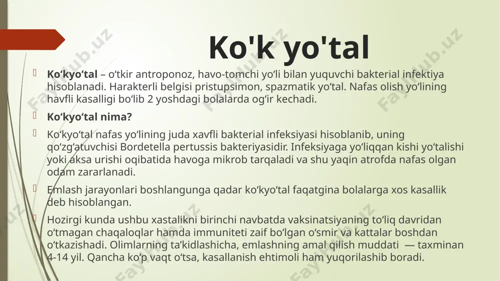 chaqaloqlar umuman yo‘talmasligi, ammo bu holatda og‘zini tez-tez ochib havo olib turishi, hansirashi mumkin. xurujning bu turi vaqtincha nafas tizimidagi uzilishlarga va titratuvchi tutqanoqqa sabab bo‘lishi ehtimoli bor. qachon shifokorga murojaat etish kerak? agar yo‘tal kuchayganini sezsangiz, zudlik bilan terapevtga, yosh bolalarni esa pediatr huzuriga olib boring. avvalgi bosqichlarda ko‘kyo‘talni aniqlash birmuncha qiyin kechadi. alomatlar shamollash, gripp va bronxitnikiga o‘xshash. shuning uchun shifokor bemorga qon tahlili va ko‘krak qafasi rentgenini o‘tkazishni buyurishi mumkin. etiologiya qoʻzgʻatuvchisi – bordatella pertussis aerob, kapsulali, grammanfiy tayoqcha bakteriyadir. bakteriyalar koʻp miqdorda toksinlar ajratib chiqaradi va nafas yoʻllarining shilliq qavatini zararlaydi. nafas yoʻllarining shilliq qavatida koʻpayadi, kasallik simptomlariga sabab boʻladi. 40 % hollarda kasallik oʻtkir bronhit tarzida kechishi mumkin. kilinika inkubatsion davri 7-14 kun, kasal 5 kunlik antibiotik terapiyadan soʻng izolyatsiya qilinishi kerak. kasallik asosan 3 stadiyada kechadi: kataral, konvulsiya, desrement stadiyasi. inkubatsion davrdan keyin grippsimon belgilar paydo boʻladi, yengil tana haroratinig koʻtarilishi kuzatiladi. aksirish, quruq …