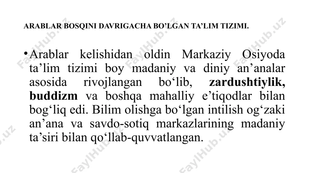 t, matematika va san’at ham o‘qitilgan. buddist matnlar sanskrit va prakrit tillarida o‘qitilgan. moniylik va nestorian xristianlik: markaziy osiyoda so‘g‘dda ba’zi hududlarda manixeylik va nestorian xristianlik ham mavjud bo‘lgan. manixeylik axloqiy ta’limga urg‘u bergan, nestorianlar esa yunon falsafiy asarlarini suriya va so‘g‘d tillariga tarjima qilib, saqlab qolganlar.prakrit tillarida o‘qitilgan. fanlar va o‘qitish usullari adabiyot va til: ta’lim diniy matnlarni yod olish va o‘qish bilan boshlanardi. o‘rganish usullari ko‘pincha og‘zaki shaklda bo‘lib, yozuv asosan muqaddas bilimlarni saqlash uchun ishlatilgan. so‘g‘d va baхtriya yozuvi qo‘llanilgan va yozuvchilar maktablari mavjud edi. matematika va astronomiya: xorazmda matematika va astronomiya yaxshi rivojlangan bo‘lib, bu hududda o‘lchov tizimlari va geometriya o‘rgatilgan. zardushtiylik va ellinizm ta’siri bilan yulduzlar haqidagi bilimlar ham o‘rgatilgan. falsafa va axloqshunoslik: zardushtiylik, buddizm va manixeylik kabi e’tiqodiy ta’limotlarda odob-axloq va borliqning tabiati haqida darslar o‘qitilgan. ayniqsa, zardushtiylikda axloqiy ta’lim hal qiluvchi ahamiyatga ega bo‘lib, o‘quvchilar shaxsiy mas’uliyat va to‘g‘rilikni o‘rganishgan. og‘zaki an’ananing roli …