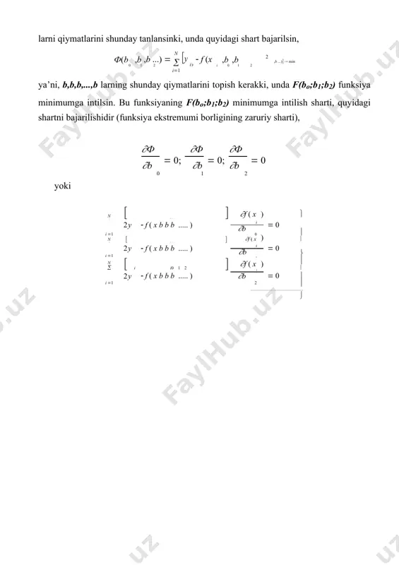 sh parametrining xi qiymatiga mos keladigan chiqish parametrining eksperimental qiymati; yxi -kirish parametrining x qiymatiga mos kelgan chiqish parametrining hisobiy qiymati . agar regressiya «egri» chizig‘i, koordinata boshidan o‘tuvchi to‘g‘ri chizig‘ga yaqin bo‘lsa, unda uni y=kx tenglama yordamida ifodalash mumkin. bu tenglamani (1) tenglamaga qo‘yib, quyidagini olamiz. n · = ( yei  kxi )2  min i 1 funksiyani klassik tahlil qilish usulida, shu funksiyani ekstremumi borligini kerakli sharti buyicha, ya’ni, ·  0 · k n · 2 ( yei - kxi ) xi  0 i 1 ushbu tenglamani matematik o‘zgartirishlardan so‘ng, tenglama koeffitsienti k ni hisoblash tenglamasini olamiz n · y i  xi k = i1 n xi 2 i1 k ning qiymatini hisoblash uchun, avval quyidagi yig‘indilarni hisoblash kerak : n n  yei  xi ; va x 2 i i 1 i 1 regressiya egri chizig‘i ko‘rinishiga qarab u va x orasidagi …