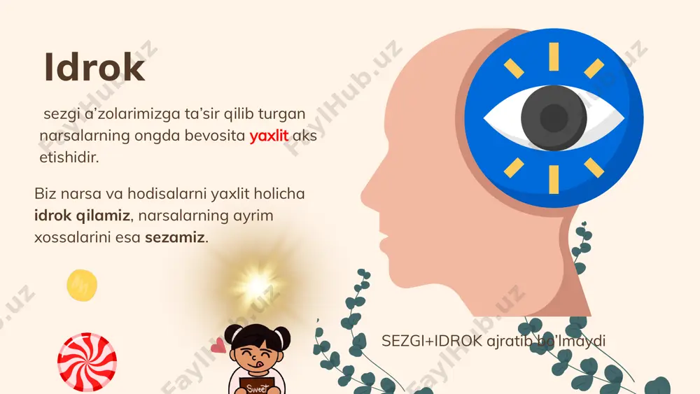 ga xayol tasavvurlari ham kiradi. idrokning mazmuni ba’zan idrok qilinayotgan obyektning o'ziga qaraganda kengroq, boyroq bo'ladi. ixtiyorsiz yuz beradi tafakkur va nutq idrok qilinayotgan narsa va hodisaning nomini ovoz bilan yoki o'z ichidan aytishda va bilishda ifodalanadi nom berish mavjud tushuncha doirasiga kiritish doira aylana yangi, nomaium bo`lsa «bu nima» «buning nomi nima» har bir idrok hukm (gap) shaklida ifodalanadi, masalan: «bu kitob», «bu odam», «bu musiqa» va hokazo. odamning idroki sezgi organlariga ta’sir ko'rsatayotgan biron narsaning oddiygina obrazi emas, balki odamning tajribasi zaminida anglab, tushunib olinadigan obrazdir. narsa va hodisalaming nomini atab, biz idrokimiz mazmunini ochiq ravshan qilamiz, bu idrokimizni boshqa kishilar uchun ham aniqlaymiz shu jumladagi idrokning mazmuni, asosan, odam hosil qilgan tajribaning boyligi, unda tafakkur va xayolning nechog‘li taraqqiy qilganligi bilan belgilanadi. idrok birinchi signal sistemasi ikkinchi signal sistema idrokning faolligi va kuzatish idrok jarayonlari faqat tevarak-atrofdagi narsalarning sezgi organlarimizga ta’sir qilib turishlari natijasidagina emas, balki shu …