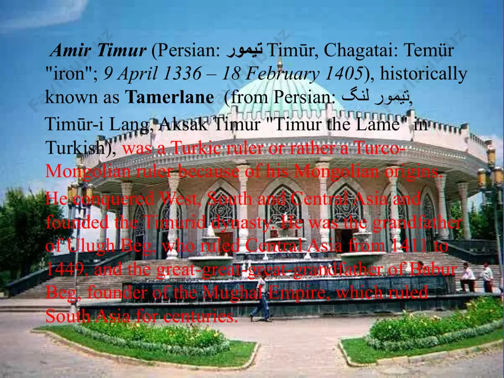 r known as shahrisabz, "the green city"), some fifty miles south of samarkand in modern day uzbekistan, part of the chagatai khanate. his father, taraqai, a minor noble belonging to the barlas tribe. the barlas, a turko-mongol tribe which originally were mongolian tribes that became turkified and/or became turkic-speaking or intermingling with the turkic peoples. according to gérard chaliand, timur was a muslim turk but he saw himself as genghis khan's heir. though not a chinggisid, he clearly sought to evoke the legacy of genghis khan's conquests during his lifetime. at around 1363, it is believed that timur tried to steal a sheep from a shepherd but was shot by two arrows; one in his right leg and another in his right hand, where he lost two fingers. both injuries caused him to be crippled for life. some believe that timur suffered his crippling injuries while serving as a mercenary …
