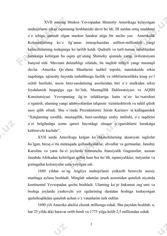 padan qocha boshladi. ularning ko`pi hukumat zug`umi va boshqa joylarda yashovchi yer egalarining dastidan boshiga tushayotgan qashshoqlikdan qutulish uchun o`z vatanlarini tark etdilar. 1690 yili amerika aholisi chorak millionga oshdi, shu paytdan boshlab, u, har 25 yilda ikki baravar ortib bordi va 1775 yilga kelib 2,5 milliondan oshdi. bironta oila massachusyetsdan virjiniyaga yoki janubiy karolinadan pensilvaniyaga ko`chib o`tganlarida moslashuv jihatidan qiynalmaganlariga qaramay, alohida kaloniyalar o`rtasidagi farqlar sezilarli bo`lib, kaloniyalarning mahalliy guruhlari orasida ko`zga tashlanardi . kaloniyalashtirish jarayoni rivojining barcha bosqichlarida asosiy xususiyat-angliya hukumati tomonidan nazorat kamligi bo`ldi. barcha kaloniyalar, jorjiya bundan istisno, aksiya sohiblarining sherikchilik kompaniyalari yoki qirol tomonidan inom etilgan imtiyoz xartiyalari oqibatida yuzaga kelgan feodal mulkchilikdan bunyod etildi. qirol, yangi dunyo istiqomat jamoalari uzra o`zining bevosita hukmronligini aksiya kompaniyalari va mulkdorlarga topshirgani, ko`chkinchi kolonistlar amerikada tashqi nazoratdan tamomila holi bo`lganlarini bildirmagan albatta. misol, uchun virjiniya kompaniyasining imtiyoz xartiyasi shartlariga ko`ra to`liq hukumat qudrati koloniyaning o`ziga topshirilgan edi. shunga …