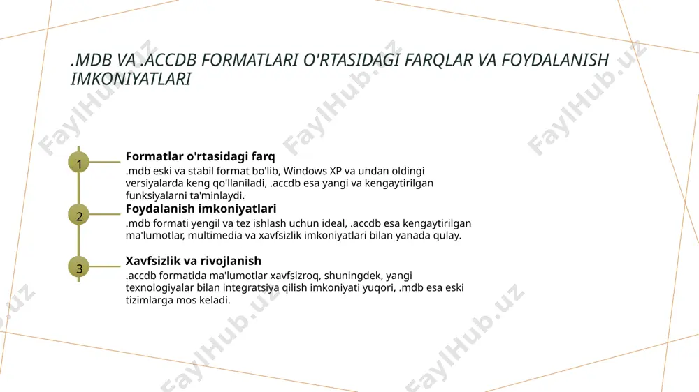 adval, forma va hisobotlar orqali tizimli tarzda tashkil etiladi, bu ma'lumotlarni tez va oson qidirish imkonini beradi. ma'lumotlarni samarali qabul qilish accessda ma'lumotlar strukturalar va bog'lanishlar yordamida samarali qabul qilinadi, bu esa katta hajmdagi ma'lumotlarni boshqarishni yengillashtiradi. ma'lumotlar integratsiyasi va yangilanishi ms access ma'lumotlarni yaxshilab integratsiya qilish va yangilash imkonini beradi, bu esa ma'lumotlar yaxlitligini ta'minlab, ishlash samaradorligini oshiradi. xulosa 01 ms access fayl kengaytmalari va ularning muhimligi ms access fayl kengaytmalari ma'lumotlar bazasining asosini tashkil etadi, ularning tanlovi xavfsizlik, funksionallik va foydalanish qulayligini ta'minlaydi. 02 formatlar o'rtasidagi farqlar va foydalanish imkoniyatlari .mdb eski va stabil format, .accdb esa kengaytirilgan imkoniyatlar bilan yangi texnologiyalarga mos keladi, ular foydalanuvchilarga turli vazifalarni bajarishda yordam beradi. 03 ma'lumotlarni tashkil etish va boshqarishning asosiy yo'llari ms access ma'lumotlarni jadval, shakl va so'rovlar yordamida tartibga soladi, bu esa ma'lumotlarni samarali boshqarish va yangilash imkoniyatini kengaytiradi. foydalanilgan adabiyotlar 1. toshkent davlat axborot texnologiyalari universiteti. ms access …