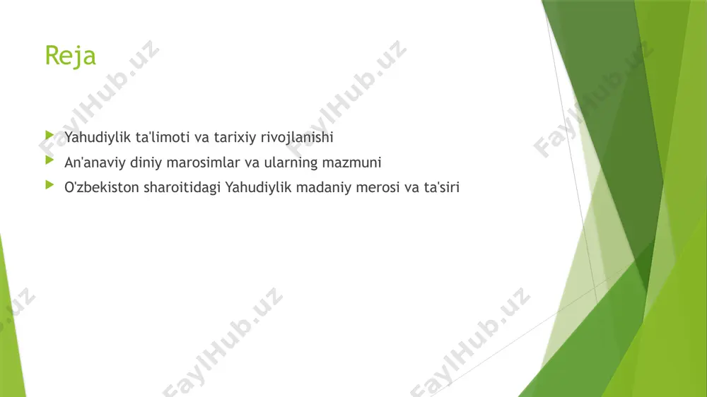 ng poydevorini tashkil etadi. tarixiy o'zgarishlar va ta'sirlar jahon urushlari, ko'chishlar va madaniy o'zgarishlar yahudiylikda muhim o'zgarishlarga olib keldi, yangi aqidalar va diniy amaliyotlar shakllandi. hozirgi davrdagi rivojlanishlar bugungi kunda yahudiylik zamonaviy jamiyatda o'z o'rnini saqlab, diniy marosimlar, ta'lim va madaniyatda yangi shakllar va integratsiyalarni rivojlantirmoqda. yahudiylikdagi diniy marosimlarning tarixiy rivoji va asosiy elementlari 1 diniy marosimlarning tarixi yahudiylikdagi diniy marosimlar qadimdan boshlab, ibodat va tozalamalar bilan bog‘liq bo‘lib, miloddan avvalgi davrlardan boshlab rivojlangan. 2 asosiy elementlar marosimlarning asosiy elementlari – ramzlar, ritualar, va ibodatlar bo‘lib, ular diniy hayot va an'analarni saqlashda muhim rol o‘ynaydi. 3 marosimlarning evolyutsiyasi tarix davomida, yahudiylikdagi marosimlar diniy va madaniy o‘zgarishlarga moslashib, yangi shakllar va uslublar bilan rivojlangan, masalan, passover va bar-mitzva. an'anaviy yahudiy marosimlarining mazmuni va ularning ramziy ahamiyati 01 an'anaviy yahudiy marosimlari bu marosimlar dini qadriyatlar va an'analarga asoslangan bo‘lib, muhim bayramlar, nikoh, va qabriston marosimlarini o‘z ichiga oladi. 02 ramziy ahamiyat har …
