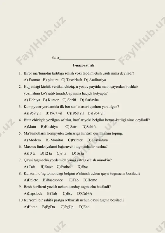 diya b) maqola c) wikipedia d)ishonchli 8. ………..-manba maʼlum vebsahifaga kirishga imkon beruvchi saqlangan yorliq. bu baʼzida favourites deb ham ataladi. a)done b)bukmark c)print d) reolad 9. internet orqali foydalaniladigan veb-saytlar kabi fayllarni saqlaydigan kompyuter a)server b) network c)kompyuter sieans d)desktop 10. web-sayt yoki elektron xabardagi biror soʻz yoki tasvir. uning ustiga bosganda, boshqa veb-sahifaga olib oʻtadi. bu nima deyiladi? a)giper havola b)gipermatn c) silka d)havola 11. bir mamlakat hududidagi barcha foydalanuvchilarni birlashtiruvchi tarmoq turi bu…? a)lokal b)mahalliy c)global d)ichki va tashqi 1 2 3 4 5 6 7 8 9 10 11 b a c b b c c b a a b sana_____________________________ 4-nazorat ish 1. 1979 yil nayes kompaniyasi qanday qurilma yaratgan? a)kolonka b)modem c)adapter d)naushnik 2. analog ko’rinishdan raqamli ko’rinishga o’tkazuvchi qurilma nima deyiladi? a)demodulyator b)modulyator c)modem d)telefaks 3. birinchi web-brauzerni cern xodimi tim berners li nechinchi yilda ishlab chiqqan? a)1991 b)1989 c)1992 d)1990 4. www …