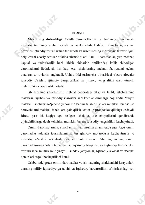 ing adolatli taqsimlanishini rag‘batlantirish uchun zarur chora-tadbirlarni tavsiya etishdir. ushbu tadqiqot natijalari, iqtisodiy siyosatni shakllantirishda va ijtimoiy muammolarni hal etishda muhim yo‘nalishlarni belgilashga yordam beradi. kurs ishining tarkibiy tuzilmasi:ushbu kurs ishi 3 ta bob,9ta reja,xulosa va foydalanilgan adabiyotlardan tashkil topgan. i.bob. omilli daromadlarning mohiyati va tasnifi 1.1. omilli daromad tushunchasi va uning iqtisodiyotdagi o‘rni. omilli daromad tushunchasi va uning iqtisodiyotdagi o‘rni iqtisodiy nazariyaning muhim jihatlaridan biridir. omilli daromad, iqtisodiy faoliyat jarayonida ishlab chiqarish resurslaridan foydalanish natijasida olinadigan daromadni anglatadi. ushbu tushuncha, iqtisodiy o‘sishni ta'minlash va resurslarni samarali boshqarish jarayonida muhim rol o‘ynaydi. omilli daromad asosan to‘rt asosiy omil – yer, mehnat, kapital va tadbirkorlik faoliyati orqali hosil bo‘ladi. ushbu omillar har biri o‘ziga xos ahamiyatga ega bo‘lib, ularning o‘zaro aloqasi va ta'siri iqtisodiyotning rivojlanishida muhim rol o‘ynaydi. mehnat omili, insonlarning ishlab chiqarish jarayonidagi ishtirokini anglatadi. ishchilar o‘z mehnatlari orqali ishlab chiqarish jarayonini amalga oshiradilar va shu orqali daromad olishadi. mehnat …