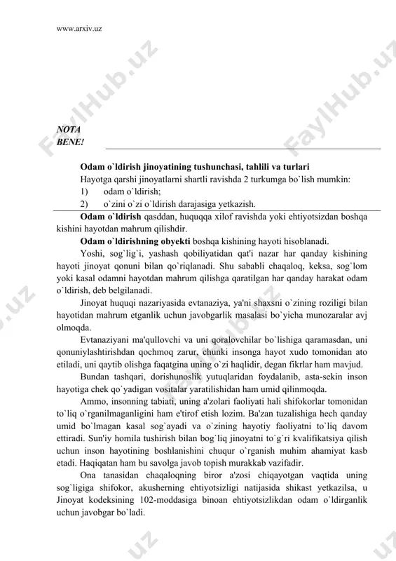 ari faoliyati hali shifokorlar tomonidan to`liq o`rganilmaganligini ham e'tirof etish lozim. ba'zan tuzalishiga hech qanday umid bo`lmagan kasal sog`ayadi va o`zining hayotiy faoliyatni to`liq davom ettiradi. sun'iy homila tushirish bilan bog`liq jinoyatni to`g`ri kvalifikatsiya qilish uchun inson hayotining boshlanishini chuqur o`rganish muhim ahamiyat kasb etadi. haqiqatan ham bu savolga javob topish murakkab vazifadir. ona tanasidan chaqaloqning biror a'zosi chiqayotgan vaqtida uning sog`ligiga shifokor, akusherning ehtiyotsizligi natijasida shikast yetkazilsa, u jinoyat kodeksining 102-moddasiga binoan ehtiyotsizlikdan odam o`ldirganlik uchun javobgar bo`ladi. homilador ayolning roziligi bilan homila to`la shakllanmay turib, uning sun'iy ravishda tushirilishi odam o`ldirish, deb hisoblanmaydi. bunday qilmish jinoyat kodeksining 114-moddasi alomatlarida sodir etilganda homiladorlik muddatidan qat'i nazar, jinoiy ravishda homilani tushirish, deb kvalifikatsiya qilinishi lozim. tibbiyot miya faoliyati butunlay to`xtashini biologik o`lim deb belgilaydi. jinoyat huquqi nazariyasi tibbiyot xulosalariga asoslanadi. klinik o`limning yuzaga kelishi (yurakning to`xtashi) bu hali, insonning o`limi degani emas, chunki tibbiyot xodimlari zamonaviy sharoitlarda yurakning ishlash faoliyatini …