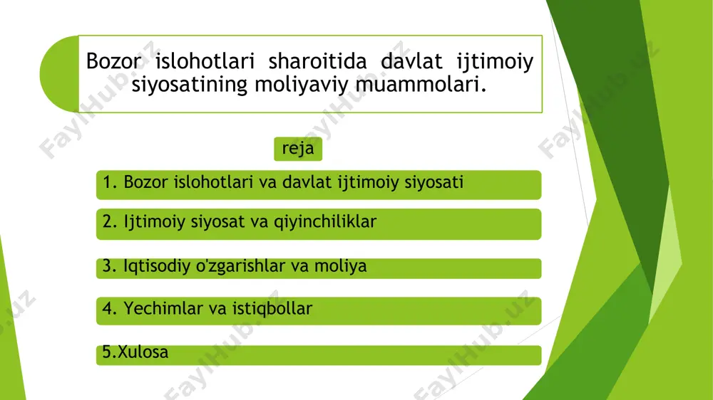 atsiya — bozor islohotlari natijasida narxlar oshishi, inflatsiya qiyinchiliklari paydo bo'lishi mumkin. bu aholi daromadlari va xarajat darajasini ta'sir qiladi. 2.ishsizlik — islohotlar jarayonida xodimlar sonining kamayishi yoki turli sohalarda ish o‘rinlarining kamayishi natijasida ish qidirayotganlar soni oshishi mumkin. 3.samarasizlik — davlat ijtimoiy siyosati samaradorligining o‘lchovi muhim. agar dasturlar moliyaviy jihatdan samarali bo‘lmasa, aholi farovonligini ta'minlashda qiyinchiliklar bo‘lishi mumkin. yechimlar va istiqbollar davlat byudjetining optimallashtirilishi — ijtimoiy dasturlar uchun ajratilgan mablag‘lar samaradorligini oshirish uchun byudjetni rejalashtirish va nazorat qilish. ijtimoiy himoya mexanizmlarini takomillashtirish — ijtimoiy yordam va qo‘llab-quvvatlash mexanizmlarini yangilash va ularni kengaytirish zarur. xususiy sektor bilan hamkorlik- ijtimoiy siyosatni amalga oshirishda xususiy sektor bilan hamkorlikni kuchaytirish, moliyaviy manbalarni ko‘paytirish imkoniyatini beradi. xulosa davlat ijtimoiy siyosatining moliyaviy muammolari bozor islohotlari sharoitida dolzarbligini saqlab qoladi, va ularni hal etish, aholi farovonligi uchun muhim ahamiyat kasb etadi. image1.png