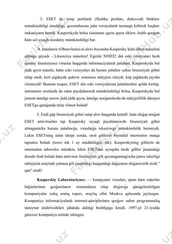 lda ǵárezsiz kompaniya retinde islengen. kompaniyanıń tariyxı 1989 -jılda, úy kompyuterleri ele sánatli múlk dep esaplanǵan dáwirde baslanǵan. biraq kompyuter virusları talay keń tarqalǵan edi. tuwrı, olar sol dáwirde tiykarlanıp disketa járdeminde tarqatılǵan. sol dáwirde ele ataqlı bolmaǵan programmist yevgeniy kasperskiyning kompyuteri cascade polimorf virusı menen zálellenedi (bizde ol kóbirek «bukvopad» atı menen málim bolǵan — kútpegende kompyuter ekranı daǵı barlıq belgiler tómengi qatarǵa túsip qaladı ). yevgeniy hújimdi (talay aldın islep shıǵılǵan antivirus járdeminde), jónge salıw etedi biraq aldın xobbi retinde keyin saldamlı tárzde antivirus programmalıq támiynatın jara -tıs ideyasına qızıqıp qaladı. sonnan keyin xobbi dáramat quralına aylanadı. yevgeniy kompyuter viruslarına arnalǵan kitaplar jazada házirde de, universitetlerde leksiyalar menen qatnasıw etpekte.eki jıldan keyin kasperskiy bir qatar joybarchilarni usınıs etip, kami de antiviruslar jaratıw boyınsha ilimiy-texnikalıq oray shólkemlestiriledi. 1994-jılda bólimge yevgeniy kasperskiyning zayıpı natalya kasperskaya basshılıq etedi. baylanıslardı jolǵa qoyıp, sheriklik tarmaqların rawajlantirib, sawda menen shuǵıllanıp, áyne ol joybardıń kommerciya …