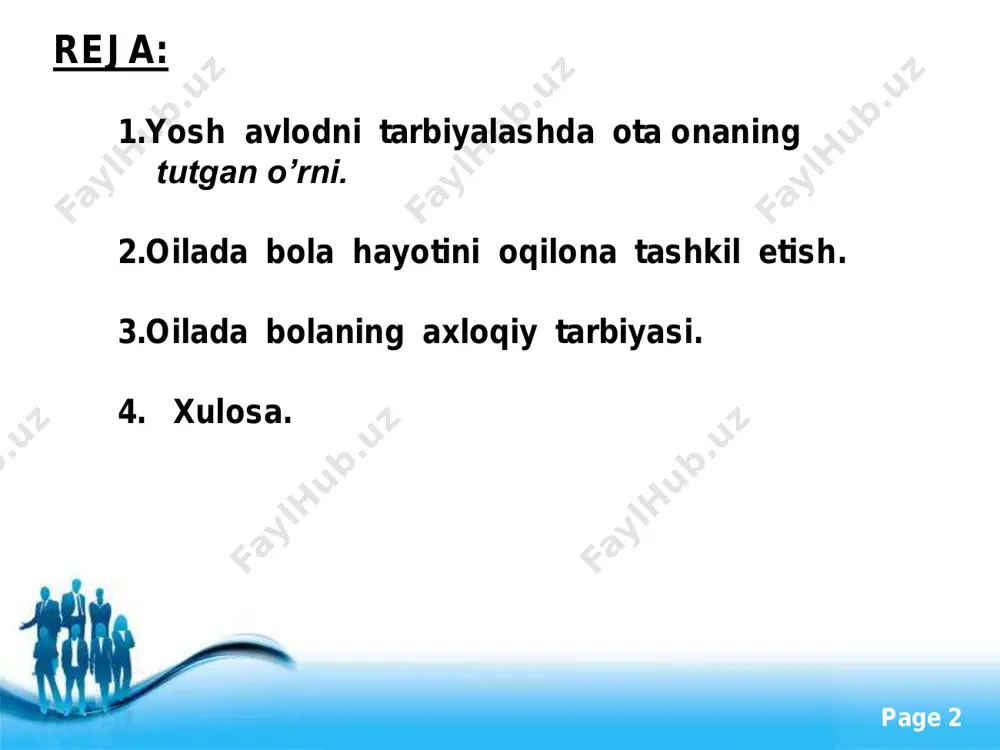 yomoni bu yolg`onchilikdir. http://www.powerpointstyles.com/ free powerpoint templates page 5 • yolg`onni hazil bilan ham jiddiy ham gapirib bo`lmaydi. • ota o`z bolalariga biron narsani va`da qilib so`ng uni bajarmay qo`ymasin! • rostgo`ylik ezgulikka boshlaydi, yovuzlik esa jahannamga. • rostgo`y odamga yaxshi baho, yomon odamga yomon baho beriladi. http://www.powerpointstyles.com/ free powerpoint templates page 6 zero ota-onaning mehr-muhabati,chinakam hurmati bolalarda eng go`zal axloqiy tuyg`ularni, ayniqsa qadryatni his qilishda yordam beradi. bu esa unda kattalar orasida ham kamyop bo`lib qolgan insoniylik sifatlardan hisoblanadi. bolaning kelajakda qanday inson bo`lib yetishishi ko`proq ota-onasi va o`z oilasiga hamda unda tarkib topgan muhitga bog`liq.’’bola ota-onasidan qayerga ortib boradi” degan gap ayni haqiqat. demak, farzandlar ota-onalarini davomchilaridir. yusuf xos xojib “oiladagi” eng ulug` fazilat ezgu qiliq va go`zal hulqdir. ikkinchisi rostlik, uchinchisi hayot hisoblanadi. mana shu uch fazilat birlashsa kishi baxtiyor bo`ladi, qut iqbol uning huzuriga bosh urib keladi.chunki kishining hulqi go`zal bo`lsa uni barcha xalq sevadi.”xulqi yuz …