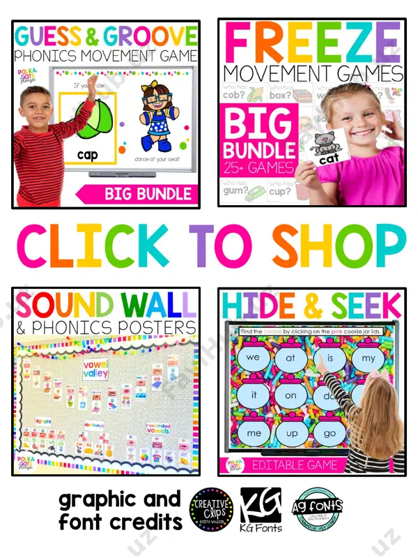 c and font credits click to shop c:\users\emily\desktop\fonts\minilogo.png https://www.teacherspayteachers.com/product/sound-wall-with-mouth-pictures-real-photos-phonics-posters-7318520 https://www.teacherspayteachers.com/store/kimberly-geswein-fonts https://www.teacherspayteachers.com/store/krista-wallden https://www.teacherspayteachers.com/product/phonics-games-worksheets-bundle-freeze-movement-games-brain-breaks-3071303 https://www.teacherspayteachers.com/product/phonics-games-phonics-worksheets-guess-and-groove-big-bundle-6399809 https://www.teacherspayteachers.com/product/cookie-hide-seek-sight-words-games-sight-word-practice-letter-sounds-5807221 includes 2 game options phonemic awareness & phonics & reading practice for phonemic awareness • give each student 1 word card. • say “go” or start the music. • children begin to move around the room. they could walk, hop, tiptoe, walk like a robot, walk in slow motion, etc. as they move, they will trade word cards with other children. • they can trade as many times as they like or keep their word card. when they trade, they must say their word. (i insist my kiddos keep moving the whole time and do not argue if someone does not want to trade.) • stop the music or say “freeze” and everyone freezes. • pull out one who has card • say the sounds, such as “who has /c/ /a/ /t/?” the child holding the …
