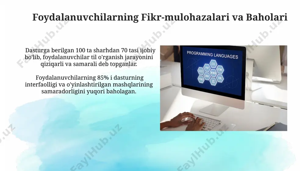 masalan, a1 dan c2 gacha bo‘lgan darajalarni qamrab oladigan 7 ta turli o‘quv modullarini taklif etadi, shu bilan birga har bir modulda 20 dan ortiq mashqlar mavjud. moslashuvchanlik, foydalanuvchining o'ziga xos ehtiyojlariga qarab, grammatika, lug'at va nutq bo'limlariga 3:2:5 nisbatida vaqt ajratish imkoniyatini beradi. lug'at va grammatika trenerlari “lug'at va grammatika trenerlari” dasturlari orasida 50 dan ortiq o'quv modullari va 1000 dan ziyod mashqlarni o'z ichiga olganlari mavjud bo'lib, foydalanuvchilarga interfaol o'rganish imkoniyatini beradi. dasturda o'rgatilgan 7 ta grammatik vaqtlar bo'yicha 150 dan ortiq testlar mavjud bo'lib, foydalanuvchilarning bilimlarini baholash va ularning kamchiliklarini aniqlash imkonini beradi. matnni tarjima qilish xususiyatlari tarjima jarayoni odatda 2 sekunddan kam vaqtni oladi va 10000 belgidan ortiq matnlarni ham tezda tarjima qila oladi, lekin bu dasturning parametrlariga bog'liq. ba'zi dasturlar matnni tarjima qilish bilan bir qatorda, uning fonetik yozuvini ham taqdim etadi, bu esa o'quvchilarga to'g'ri talaffuzni o'rganishga yordam beradi va 90% dan yuqori aniqlikka …