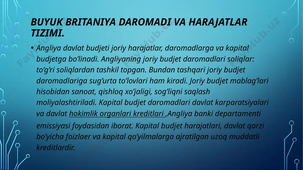 tisodiy ta’siri protsesining stabelligi davlat moliyasini boshqarish uvhun javobgarlik millatlar o’rtasida odillik yechimlar qabul qilish va fiscal siyosatni bajarishda tezkorlik 2000 – 2001 moliya yillarida angliya davlat budjetining e’lon qilinishi soliqqa tortishning o’zgarishi, mehnatini, tadbirkorlikni, oilani saqlab qoilishga rag’batlantirishni qo’llaydi.1998 – 1999 yil angliya budjetida soliq sistemasida va nafaqa to’lash bo’yicha bir qancha o’zgarishlar ro’y bergan. maqsad mehnatni qo’llash bo’lgan. bunda odamlar holati, ishsizlik nafaqasi va ash haqi muhokama etilgan. davlat soliqlar sistemasiga o’zgartirishlar kiritib qashshoqlikni kamaytirish millat manfaatini oshirishga harakat qilgan. budjetda quyidagi o’zgarishlar qilinishi rejalashtirilgan 2000 yil oktyabrgacha berilgan yangi soliq kreditlari va oldingi oygi kreditlar almashtiriladi yangi, bolalarni tarbiyalash soliq krediti bolalarni tarbiyalash bo’yicha bolalarni tarbiyalash bo’yicha oul yordamini ko’paytirishga chaqiriladi 2000- yil davlat sug’gurta to;lovlari sturukturasida bosh reforma o’tkaziladi bu sistema soddalashadi va salbiy effektlar olib tashlanadi. e’tiboringiz uchun rahmat. image2.png /docprops/thumbnail.jpeg