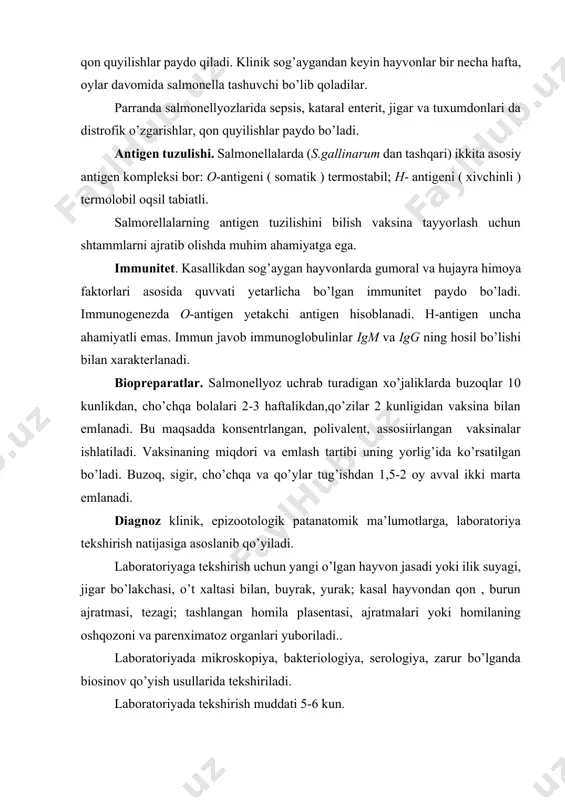 ratmalari yoki homilaning oshqozoni va parenximatoz organlari yuboriladi.. laboratoriyada mikroskopiya, bakteriologiya, serologiya, zarur bo’lganda biosinov qo’yish usullarida tekshiriladi. laboratoriyada tekshirish muddati 5-6 kun. buzoqlar salmonellyozi qo’zg’atuvchisi s.enteritidis va s.typhimurium. odamlar uchun ham xavfli. kasal hayvonlarning go’shti yoki zararlangan sutni iste’mol qilganda odamlarda og’ir toksikoinfeksiyalarni chaqiradi. laboratoriyada patmaterialdan surtmalar tayyorlab, gram usulda bo’yaladi. gpa, gab va differensial diagnostik muhitlar endo, levin, vismut sulfit agarlardan birortasiga ekiladi. salmonellalar uchun harakterli belgili kultura ajratilsa predmet oynachasida agglyutinasiya reaksiyasi quyiladi. avval polivalentli o-zardoblar bilan, keyin monoreseptorli n- zardoblari bilan. bakteriologik tekshirish. kasal hayvonlardan qon gemokultura usulida tekshiriladi. buning uchun qonni bakteremiya davrida (isitmasi ko’tarilganda) va salmonellyoz yarimo’tkir kechganda olgan ma’qul. bo’yintutruq venasidan olingan 510 ml qon 5-6 probirka yoki 2-3 flakon gpb ga va 10-20% li o’t suyuqligiga yoki yarimsuyuq agarga ekiladi. keyin undan yuqorida ko’rsatilgan zich oziq muhitlarga ekiladi. endo muhitida salmonellalar esherxiyalardan farqli ravishda rangsiz koloniyalar hosil qiladi (laktozani parchalamaydi), vismusulfit agarda …
