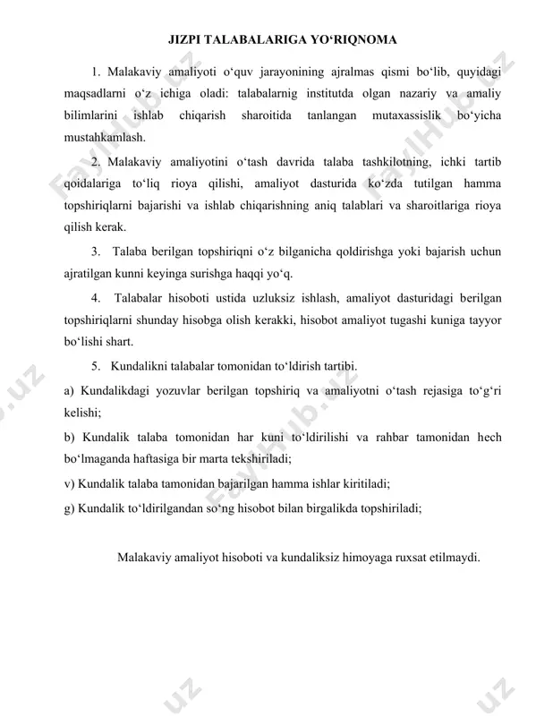 o‘ziga ko‘chirma oladi. 3. shaxsiy topshiriq 4. tashkiliy iqtisodiy masalalar bo‘yicha topshiriqlar 5. xavfsizlik tеxnikasi, mеhnat muhofazasi va yong‘inga qarshi tadbirlar bo‘yicha topshiriqlar. talabalar amaliyot bo‘yicha topshiriq oldim. «______»__________________2024-yil amaliyоt o‘tish grafigi: t/r bosqich yoki bo‘limi ish joyi institut tomonidan rahbar: mamatqulov murodjon tashkilot tamonidan rahbar: _____________________ «tasdiqlayman» “kimyoviy texnologiya” kafеdrasi mudiri __________sh. umarov 29. 01. 2024-yil kim bo‘lib ishlayapti (amaliyotchi) ish kuni oy va hafta 29.01 – 03.02.24 05.02 – 10.02.24 12.02 – 17.02.24 19.02 – 24.02.24 26.02 – 02.03.24 04.03 – 09.03.24 11.03 – 16.03.24 18.03 – 23.03.24 25.03 – 30.03.24 01.04 – 06.04.24 08.04 - 13.04.24 15.04 – 20.04.24 o‘rganuvchi du + o‘rganuvchi se + o‘rganuvchi cho + o‘rganuvchi pa + o‘rganuvchi ju + o‘rganuvchi sha + o‘rganuvchi du + o‘rganuvchi se + o‘rganuvchi cho + o‘rganuvchi pa + o‘rganuvchi ju + o‘rganuvchi sha + o‘rganuvchi du + o‘rganuvchi se + o‘rganuvchi cho + o‘rganuvchi pa + …