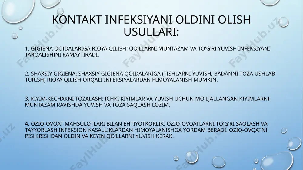 rmalin: formaldegid gazidan foydalanadi. tibbiyotda va boshqa sohalarda ko'plab asboblarni sterilizatsiya qilishda ishlatiladi. - peroksid kislota: asbob-uskunalarni sterilizatsiya qilish uchun ishlatiladigan kuchli kimyoviy moddadir. 3. radiatsiya usullari: - gamma nurlanishi: yuqori energiyali gamma nurlari yordamida o'simliklar va veterinariya buyumlarini sterilizatsiya qilishda qo'llaniladi. - uv nurlanishi: essenatlar va mayda mayda buyumlarni sterilizatsiya qilishda uv nurlari yordamidan foydalaniladi. biroq, bu usul ba'zan hammasini sterilizatsiya qilishda yetarli emas. 4. filtratsiya: - suv va boshqa suyuqliklarni mikroorganizmlardan tozalash uchun foydalaniladi. maxsus porali filtrlardan foydalanib, suyuqlikdan kichik mikroorganizmlarni ajratib olish mumkin. 5. ultrasovuq: - ushbu usul, asosan, biologik materiallar (masalan, qon) va yashil o'simliklarni sterilizatsiya qilishda qo'llaniladi. har bir usul o'ziga xos afzalliklari va cheklovlari bo'lib, qo'llanilishi kerak bo'lgan soha va obyektga qarab tanlanadi. sterillizatsiya jarayonida ehtiyotkorlik va to'g'ri usullarni tanlash muhimdir. sterillizatsiyadan oldingi davrda ishlov berish sterillizatsiya jarayonidan oldin, jihozlarni va materiallarni tayyorlash juda muhimdir. quyidagi bosqichlarni bajaring: 1. oyoqlarni tozalash: har qanday holatda …