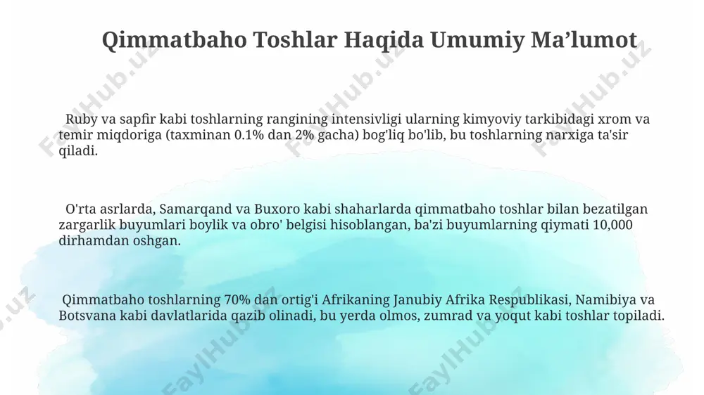 tlarda eriydi. ularning yuqori erish nuqtalari ularning kuchli kimyoviy bog'lanishlarini ko'rsatadi va bu toshlarni ancha bardoshli qiladi. qimmatbaho toshlarning qattiqligi mohs shkalasi bo'yicha 7 dan yuqori bo'lishi mumkin, masalan, olmosning qattiqligi 10 ga teng va u dunyoning turli burchaklarida, jumladan, rossiya va janubiy afrikada qazib olinadi. marvaridlarning zichligi 2,5 dan 7,5 g/sm³ gacha o'zgaradi, bu esa ularning kimyoviy tarkibi va kristall tuzilishiga bog'liq bo'ladi. masalan, zumradning zichligi taxminan 2,7 g/sm³ ni tashkil etadi. e'tiboringiz uchun rahmat @taqdimot_robot image1.png