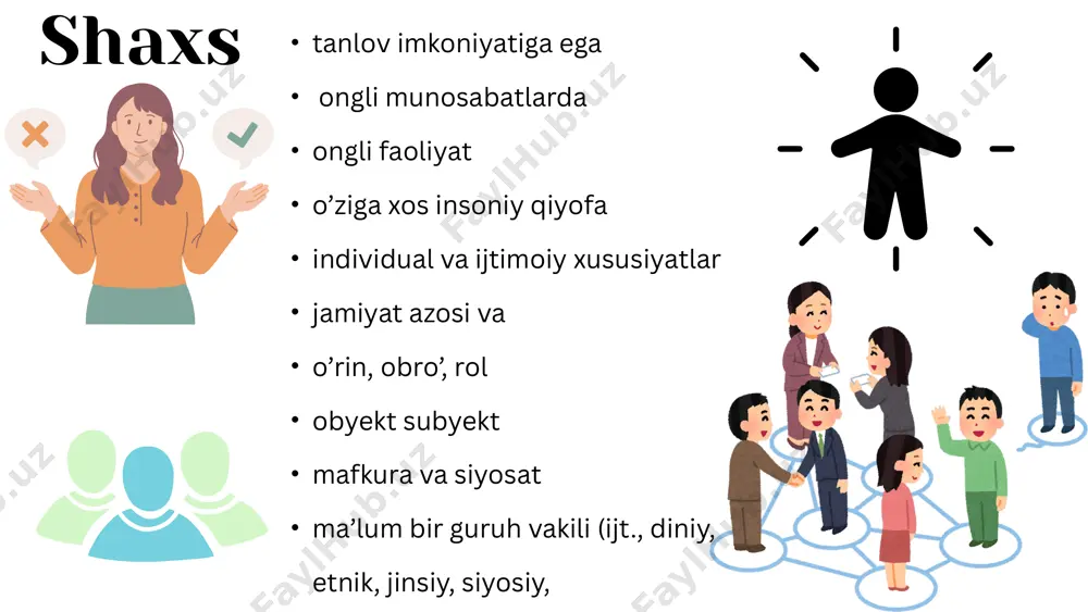 yatini to'liq anglay olmasligi muammosi ni aytishadi faqat atrofidagilarning fikri va bahosiga suyanibgina qolmasdan, o`zi ham o`zini tahlil qilish, o`z kamchiliklarini tan olish orqali o`zini anglashga va o`zining haqiqiy «men»ini, «men» konsepsiyasini rivojlantirishga harakat qilishi lozim. shaxs «men»ining tuzilishi kognitiv (o‘zi haqida bilimlar) emot- sional (o‘z-o‘ziga baho) xulqiy (o‘ziga munosabat) kognitiv kognitiv hissiy baholash hissiy baholash xulq-atvor qobiliyatlar, tashqi qiyofasi, ijtimoiy ahamiyati va boshqalar. qobiliyatlar, tashqi qiyofasi, ijtimoiy ahamiyati va boshqalar. 0‘zini hurmat qi- lish, 0‘ziga tanqi- diy nuqtayi nazar- dan yondashish 0‘zini hurmat qi- lish, 0‘ziga tanqi- diy nuqtayi nazar- dan yondashish uni tushunishlari uchun intilish, o‘rtoqlari va boshqalarning xayrixohligi, ularning hurmatini qozonish, o‘z mavqeini kuchaytirish yoki aksincha, o‘z kamchiliklarini berkitishga harakat, yuqori baho berish va h.k. shaxsning o‘z-o`zini anglashining tuzilishi u o‘z-o‘zini anglashni tadqiq etishda eng asosiysi shaxsning oddiy tavsiflari majmuasida emas, balki ma’lum yaxlitlikda o‘zini tushunishi, o‘z identivligini aniqlashida aks etadi, degan fikrni ilgari suradi. v.v. stolin …