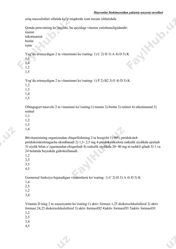 maga bog’liq: allosterik markaziga ferment molekulasining butun yuzasiga aktiv markazning katalitik qismiga substrat bilan bog’lanuvchi markaziga fermentlardan oksidoreduktazalar sinfi qanday reyaksiyalarni katalizlaydi: oksidlanish-qaytarilish molekulalararo atom va radikal guruhlar tashilishi molekulalarni suv yordamida parchalash qo’sh bog’li guruhlani biriktirish transferazalar qanday reyaksiyalarni katalizlaydi: molekulalararo atom va radikal guruhlar tashilishi oksidlanish-qaytarilish molekulalarni suv yordamida parchalash qo’sh bog’li guruhlani biriktirish gidrolazalar qanday reyaksiyalarni katalizlaydilar. qo’sh bog’li guruhlani biriktirish molekulalarni suv yordamida parchalash molekulalararo atom va radikal guruhlar tashilishi oksidlanish-qaytarilish liazalar qanday reyaksiyalarni katalizlaydilar: oksidlanish-qaytarilish qo’shbog’li guruhlarni biriktiradilar molekulalararo atom va radikal guruhlar tashilishi molekulalarni suv yordamida parchalash ligazalar qanday reyaksiyalarni katalizlaydilar: atf sarfi bilan yangi bog’ hosil hosil qilish guruhlarni tashish ichki molekulyar bog’larni parchalash qo’shbog’li guruhlarni biriktirish ferment faolligining xalqaro birligi - bu ishlab chiqarish miqdori: 1-daqiqada 1 mikromol mahsulot 1 daqiqada 1 mol mahsulot 1 soniyada 1 mikromol mahsulot 1 soniyada 1 mol mahsulot murakkab ferment tarkibidagi oqsil bo’lmagan qismi qanday nomlanadi: …