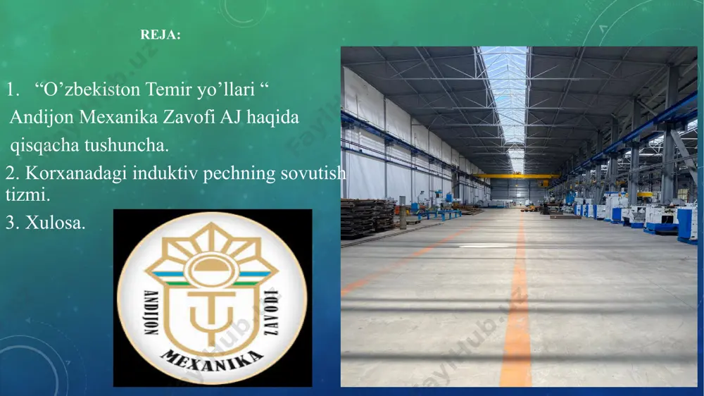 zali; 4: 3 fazali turi: t: umumiy turi; p: fan va suv nasosi turi moslashuvchan vosita kuchi (kvt) yaxshilangan tur dizayn ketma-ketligi raqami. - tiristorlar yoki izolyatsiyalangan eshikli igbt bipolyar tranzistorlar. shaklda. 2.45 igbt tranzistorlari asosida avtonom invertorning 3 fazali ko'prik sxemasini ko'rsatadi. u kirish sig'imli filtri cf va antiparallel teskari oqim d1-d6 diodlariga ulangan oltita igbt v1-v6 tranzistorlaridan iborat. boshqarish tizimi tomonidan belgilangan algoritmga muvofiq v1-v6 klapanlarini muqobil almashtirish tufayli doimiy kirish voltaji uv o'zgaruvchan to'rtburchaklar impulsli chiqish kuchlanishiga aylanadi. asenkron elektr motorining oqimining faol komponenti v1-v6 boshqariladigan kalitlari orqali oqadi va oqimning reaktiv komponenti d1-d6 diodlari orqali oqadi. i - uch fazali ko'prik inverteri; b - uch fazali ko'prik rektifikatori; cf - filtrli kondansatkich; xulosa : biz andijon mexanika zavodi aj korxonasida amaliyot davrida korxonada asosan biz elektr qismi hamda dastgohlarni energiya samaradorligini mahsulotni sifatli ishlab uchun nima qilish kerak degan savolga shundek javob berishimiz mumkinki.har bir ishlaydigon …