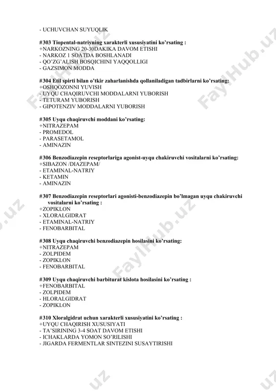 uvchi benzodiazepin hosilasini ko’rsating: + nitrazepam - zolpidem - zopiklon - fenobarbital # 309 uyqu chaqiruvchi barbiturat kislota hosilasini ko’rsating : + fenobarbital - zolpidem - hloralgidrat - zopiklon # 310 xloralgidrat uchun xarakterli xususiyatini ko’rsating : + uyqu chaqirish xususiyati - ta’sirining 3-4 soat davom etishi - ichaklarda yomon so’rilishi - jigarda fermentlar sintezini susaytirishi # 311 uyqu chaqiruvchi vositalar bilan o’tkir zaharlanganda kuzatiladigan effektni ko’rsating: + koma - mns qo’zg’alishi - gipertoniya - reflektor aktivlikning oshishi # 312 uyqu chaqiruvchi vositalar bilan surunkali zaharlanganda o’tkaziladigan davo tadbirlarini ko’rsating: + dozani sekin-asta kamaytirib borish - darxol dori qabul kilishni to’htatish - antipsihotik vositalarni buyurish - ximioterapiya # 313 agonist guruhiga kiruvchi opioid narkotik analgetikni ko’rsating: + morfin - pentazosin - nalokson - naltreksol # 314 agonistov-antagonist guruhiga kiruvchi opioid narkotik analgetikni ko’rsating: + pentazosin - nalokson - naltrekson - morfin # 315 morfinga xos xususiyatlarni ko’rsating: + kuchli ifodalangan …