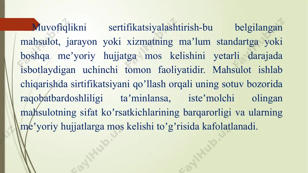 inoti sertifikatsiyalashtirish tashkiloti ishtirokchilari bilan hamjihatlikda amalga oshiriladi. oʼzdav standart bir turdagi mahsulotni sertifikatsiyalashtirish tashkilotlarini va muvofiqlik sertifikatlari berilgan mahsulotlarni davlat roʼyxatidan oʼtkazadi va ularni matbuotda eʼlon qiladi. soʼrovchi tashkilot oʼz mahsulotini reklama qilish, matbuotda chiqish huquqiga ega, «sistema»da paydo boʼlgan noroziliklarni nss uz «natsionalьnoe sistema standartizatsiya» da koʼrsatilgan tartibda hal qiladi. ishlab chiqarilayotgan mahsulotning sifatli va barqaror boʼlishiga kafolat berish maqsadida nafaqat mahsulotni sertifikatsiyalashtirish, balki ishlab chiqarishni va sifat tizimlarini sertifikatsiyalashtirish ishlari amalga oshiriladi. sertifikatsiyalashtirishning bunday turi boshqarish tizimlarini sertifikatsiyalashtirish, mahsulot sifatini, ishlab chiqarish va texnologik jarayonlarni nazorat qilish, hisobga olish, isteʼmolchini sifatli mahsulot bilan taʼminlashga kafolat beradi. sifat tizimini va ishlab chiqarishni sertifikatsiyalashtirishning maqsadlari: - ichki bozorni tegishli sifat darajasida boʼlgan mahsulot, texnologik jarayon yoki xizmatlar bilan taʼminlash; - oʼzbekiston respublikasining eksport salohiyatini kengaytirish, jahon bozoriga yuqori sifatli mahsulot yetishtirish va uning sifatining barqarorligini taʼminlash, ularga tegishli shart-sharoitlar yaratish hamda kafolat berishdan iborat. ishlab chiqarishni sertifikatsiyalashtirish- bu sertifikatsiyalashtirish …