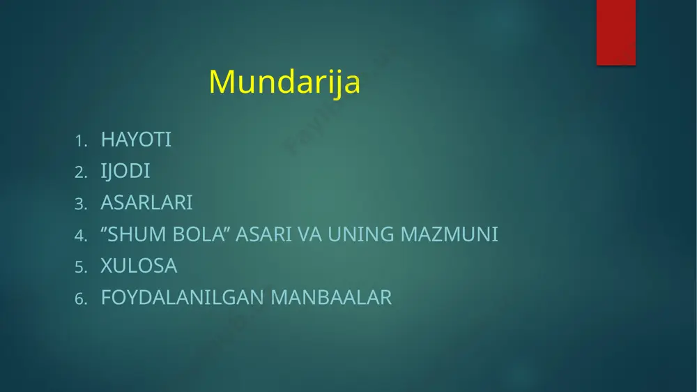 ola’’ asari mazmuni va g’oyasi uning toshkent atrofidagi qishloqlarda kechadigan sarguzashtlariga sarguzasht ulanib, yarim yildan ortiq davom etadi. mana shu vaqt mobaynida shum bola bir-biridan qiziq voqealar ishtirokchisiga aylanadi. pochchasi avaylab boqayotgan qimmatbaho qushlarga qatiq, suzma ichirib harom o‘ldirib qo‘yadi, do‘sti omonga qo‘shilib sulton o‘g‘ri boshchiligidagi kissavurlar bilan tunni o‘tkazadi, ko‘chmanchilar ovulida o‘lik yuvib sharmanda bo‘lishadi, masjid imomining og‘ilxonasida o‘sallab qolgan ho‘kiz o‘rniga soppa-sog‘ eshakni so‘yib qo‘yib rosa kaltak yeydi va hokazo. ‘’shum bola’’ asari mazmuni va g’oyasi «shum bola» qissasining bosh qahramoni ham shunday og‘ir kunlarda otasidan ayrilgan, o‘n to‘rt yoshli bolakay. onasi bir etak bolani boqish uchun kun bo‘yi tinim nimaligini bilmaydi. shum bola bo‘lsa, tengdoshlariga qo‘shilib erta tongdan to qorong‘i kechgacha ko‘chadan kirmaydi. u – yerga ursa ko‘kka sapchiydigan, bir joyda uzoqroq turib qolsa yuragi siqilib ketadigan, tinib-tinchimas bolalar xilidan. kunlarning birida u onasini xafa qilib qo‘yganidan xijolat bo‘lib, qolaversa, biror oy mehnat qilib pul topib kelish …