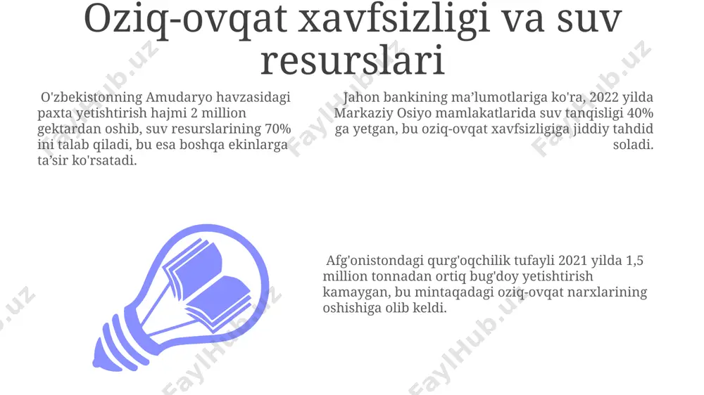 oslanishi bilan bog'liq. qoraqalpog'iston respublikasida aral dengizi qurib qolishi natijasida 100 mingdan ortiq odam ekologik muammolar tufayli ko'chib ketgan. markaziy osiyo mintaqasida cho'l va dasht hududlarining kengayishi 20% ga oshgan, bu esa tuproq eroziyasi va biologik xilma-xillikning pasayishiga olib keladi. xalqaro hamkorlik va tashkilotlar jahon savdo tashkiloti (wto)ga 164 ta davlat a'zo bo'lib, 2022 yilda global savdo hajmining 98% dan ortig'ini qamrab olgan. bu, xalqaro hamkorlikning iqtisodiy jihatdan ahamiyatli misolidir. bmtning 193 ta a'zo davlati bor va tinchlikni saqlash, inson huquqlarini himoya qilish kabi muhim global masalalarda hamkorlik qiladi. masalan, 2023 yilda ukraina inqiroziga bag'ishlangan ko'plab bmt majlislari bo'lib o'tdi. osiyo taraqqiyot banki (adb) 50 dan ortiq mamlakatga 2022 yilda 30 milliard aqsh dollaridan ko'proq miqdorda kredit ajratgan. bu, osiyo-tinch okeani mintaqasidagi infratuzilma rivojiga sezilarli hissa qo'shdi. geosiyosiy raqobat va tahdidlar shimoliy koreyaning yadroviy dasturi, yaponiya va janubiy koreya kabi qo'shni davlatlar uchun muhim xavfsizlik tahdidi bo'lib, 5 dan ortiq …