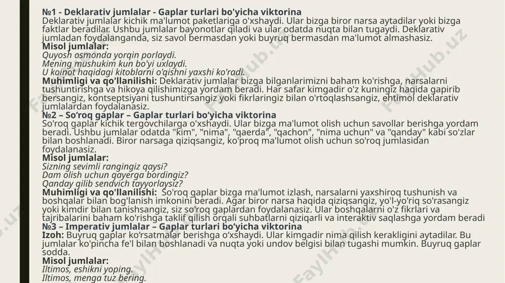 maqtab, o‘zi uchun olgan c)barkamollikka erishgan, qonib ichdi d)kelganlarning har biri, stulning ikkitasi 9.yig‘iq sodda gap berilgan qatorni belgilang. a)kasalxonada vrachman. b)lekin manzuraxon baxti bor qiz ekan. c)er-xotinning urushi elga doston bo‘ldi. d)uning gapidan hech narsani tushunmadim. 10.tasdiqni bildiruvchi so‘z-gapni belgilang. a)ertaga yangiyerga borasizmi? - ha. b)laylakning ketishini emas, kelishini kutadilar. c)ux! rosa charchadim. d)aruz vaznining ohangini yurak urishiga o‘xshataman. /docprops/thumbnail.jpeg