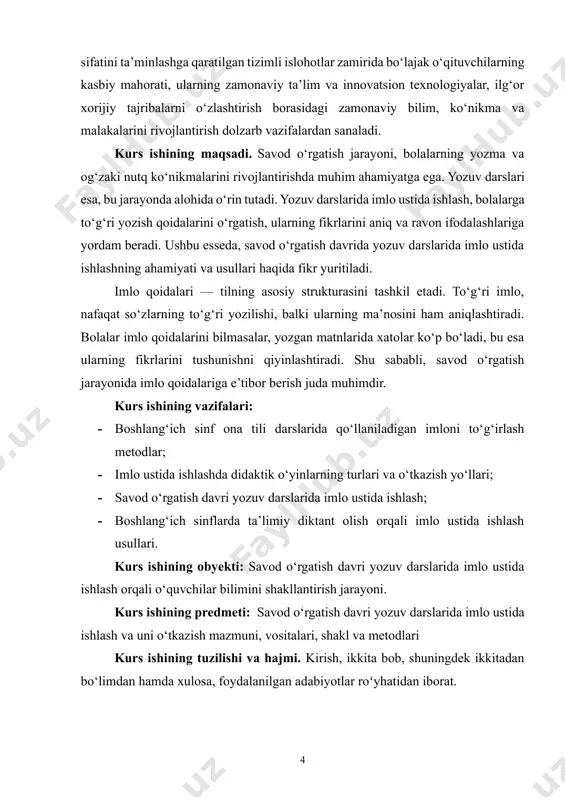 rini qulay va qiziqarli tarzda o‘rganadilar. bolalarga qiziqarli va mos keluvchi matnlar berish, ularning diqqatini jalb qiladi. ushbu matnlarda imlo xatolarini topish yoki to‘g‘ri variantlarini tanlash orqali bolalar o‘z bilimlarini mustahkamlashlari mumkin.[footnoteref:2] [2: z.t.nishonova, z.qurbonova, sh.to‘lyaganova, a.abdiyev psixolodiagnostika t. fan va texnologiyalar 2008] bolalarning yozgan ishlarini tahlil qilish va ulardagi imlo xatolarini ko‘rsatish, ularning xatolaridan saboq olishlariga yordam beradi. o‘qituvchi har bir xato ustida to‘xtalib, uning sabablarini tushuntirishi kerak. har bir darsda yangi imlo qoidalarini tanishtirish va ularni amalda qo‘llashga rag‘batlantirish muhimdir. o‘qituvchi yangi qoidalarni oddiy va tushunarli qilib tushuntirib berishi lozim. har bir bola o‘z tempida o‘rganadi. shuning uchun, o‘qituvchi har bir o‘quvchining ehtiyojlariga qarab individual yondashishi zarur. bu, bolalarning imlo ko‘nikmalarini tezroq rivojlantirishga yordam beradi. savod o‘rgatish davrida yozuv darslarida imlo ustida ishlash, bolalarning yozma nutqini rivojlantirishda muhim rol o‘ynaydi. imlo qoidalarini bilish nafaqat to‘g‘ri yozishni ta’minlaydi, balki bolalarning fikrlarini aniq ifodalashlariga ham yordam beradi. o‘qituvchilar innovatsion yondashuvlar …